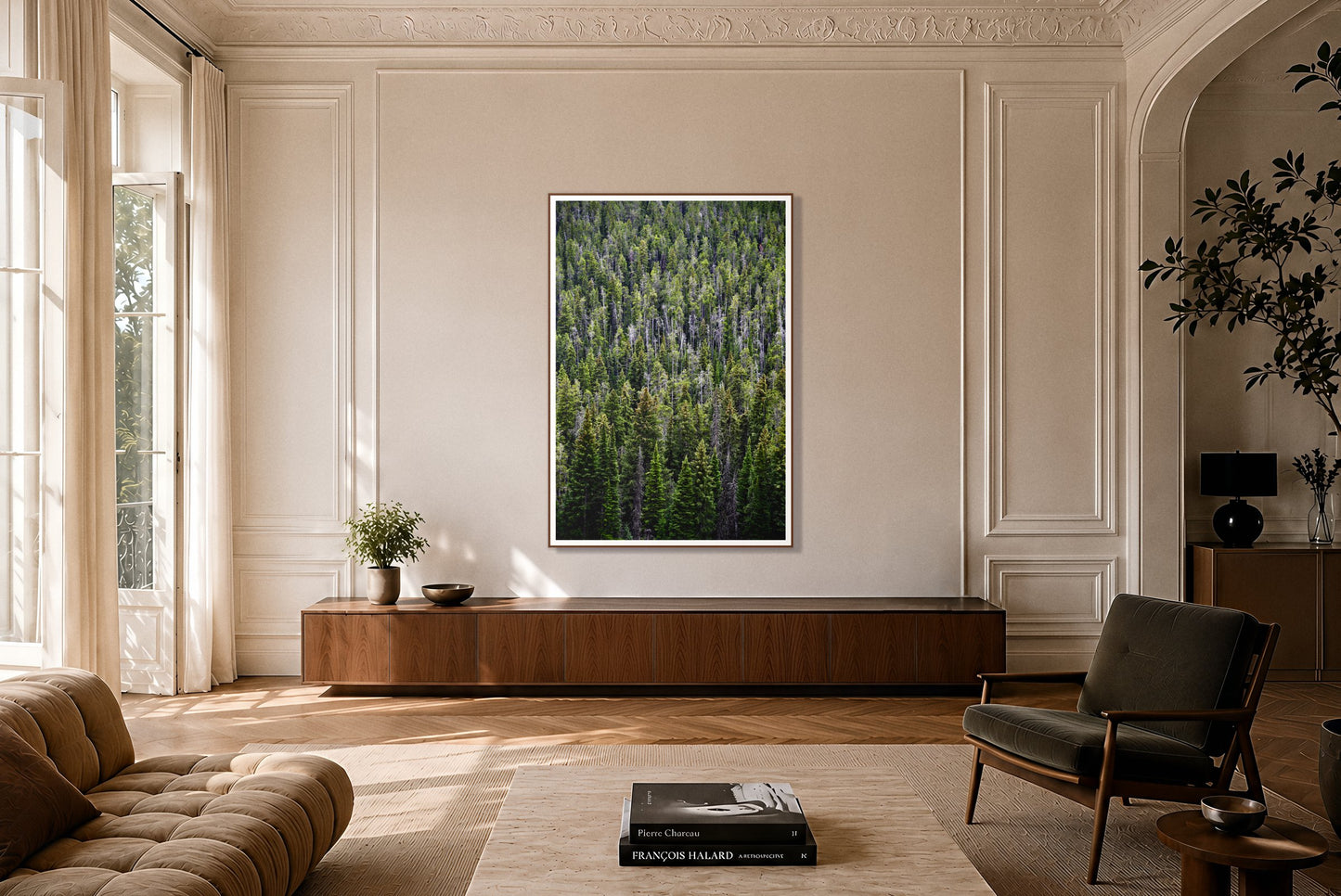 Dense by Dylan Ozanich in a Walnut frame, on a paneled wall above a walnut credenza in a Parisian apartment