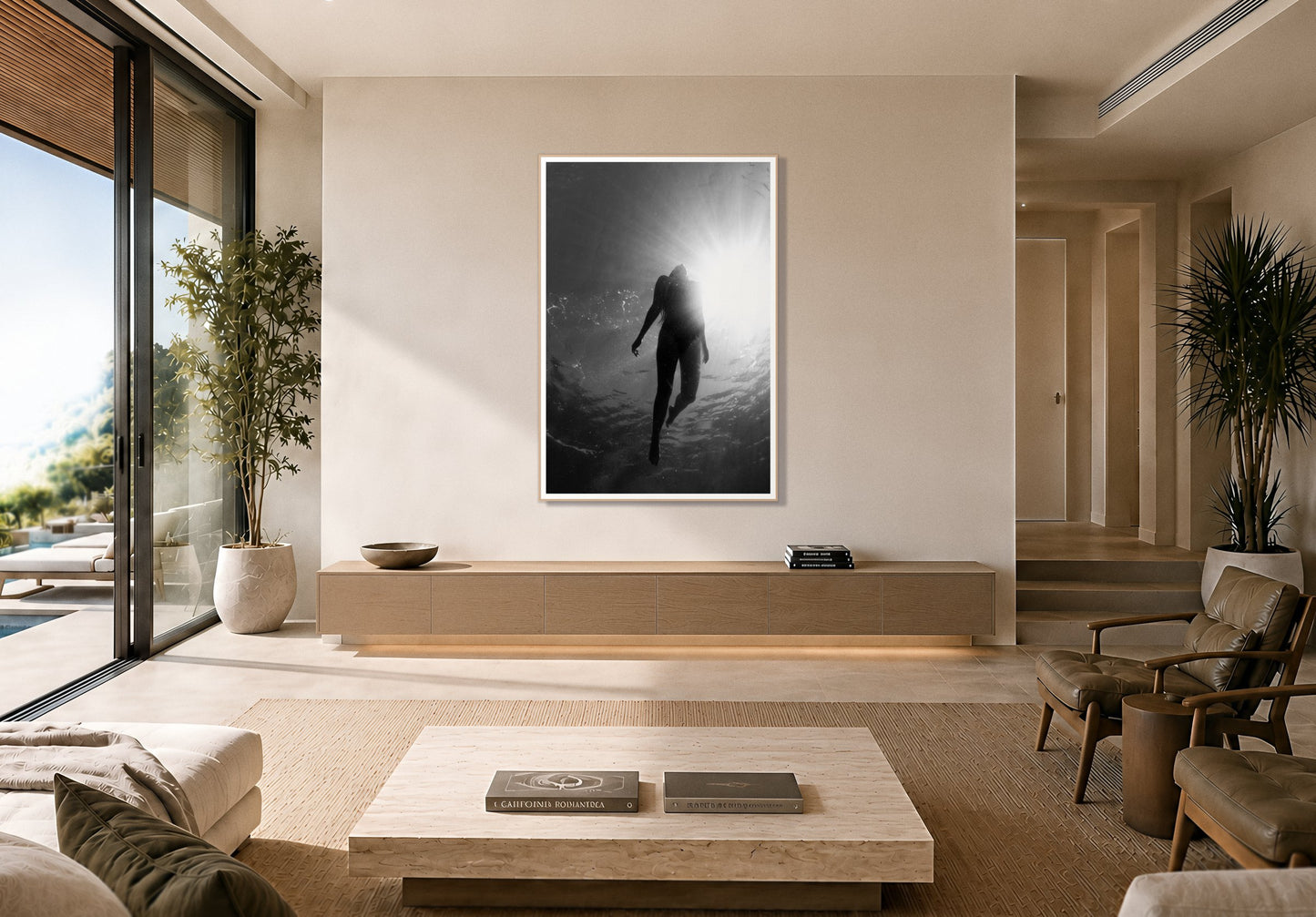 Depth by Dylan Ozanich in an Oak frame, above a floating oak credenza in a minimalist room opening onto a pool terrace