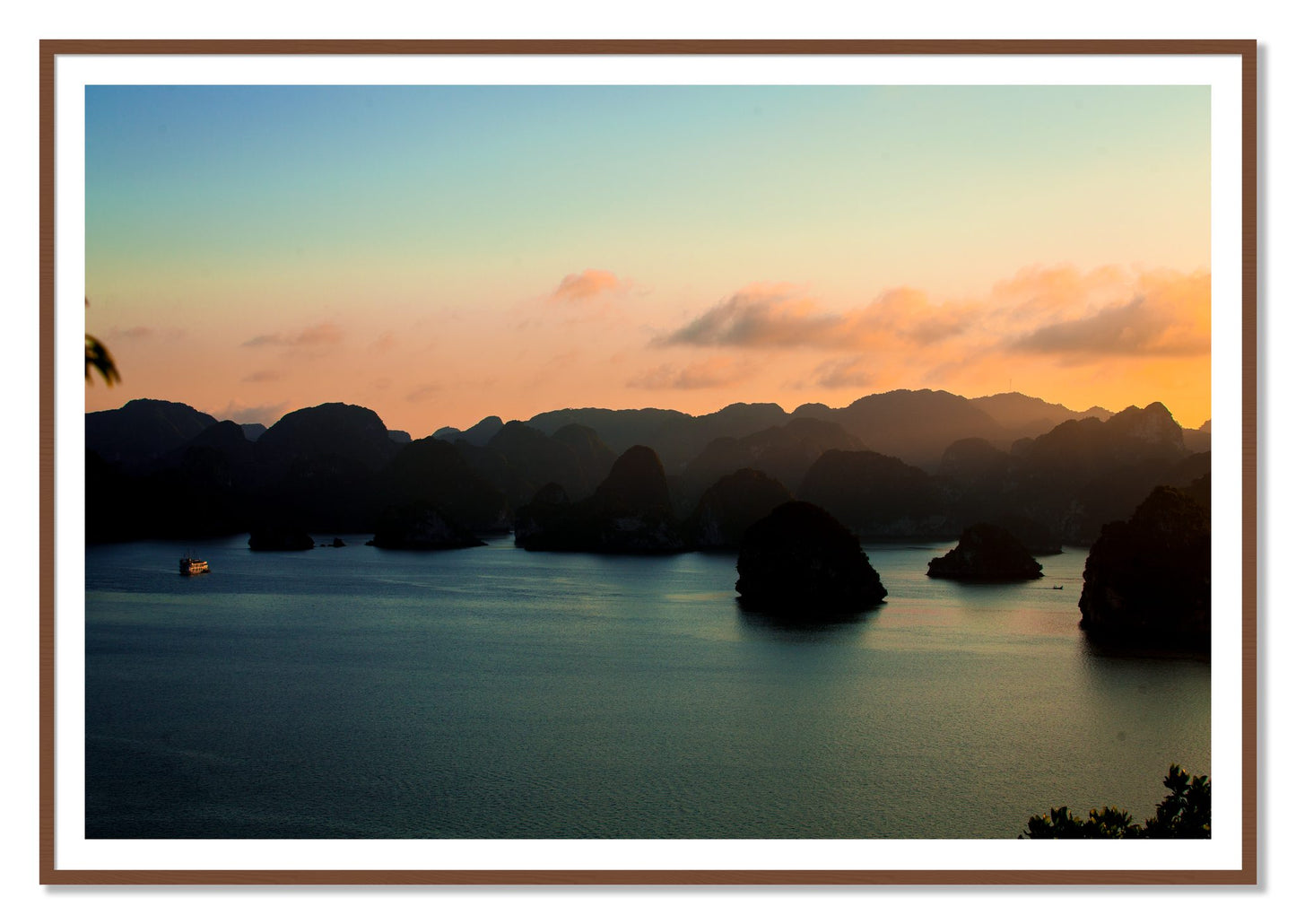 Dusk At Sea by Dylan Ozanich, 48×72 print with a White Border in a Walnut frame