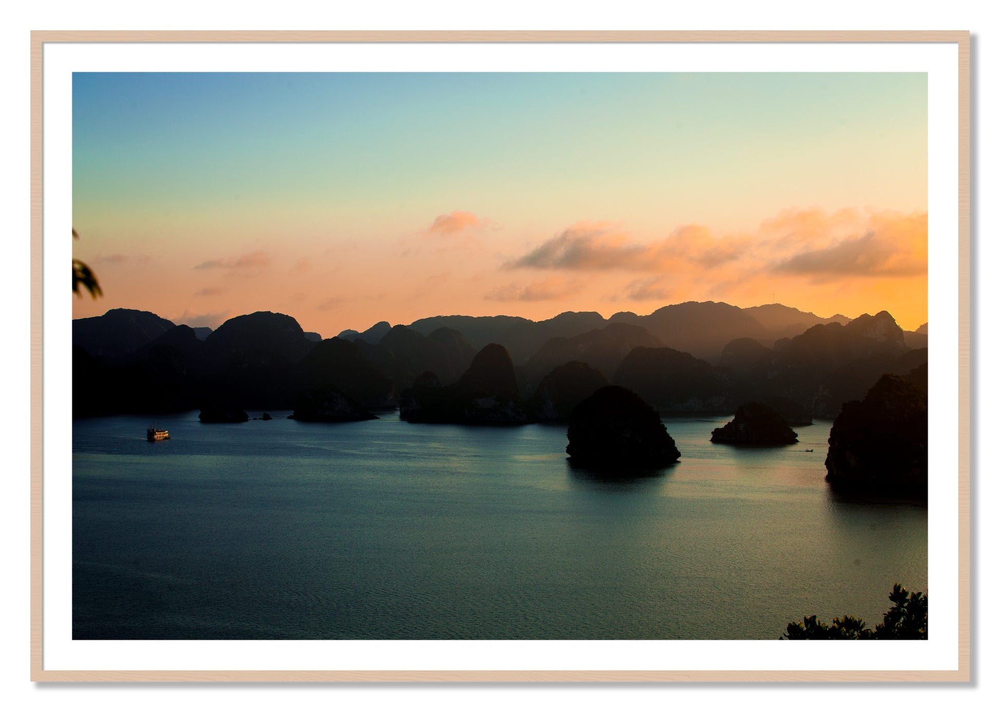 Framed photograph of Dusk At Sea by Dylan Ozanich, Maple frame, Borders