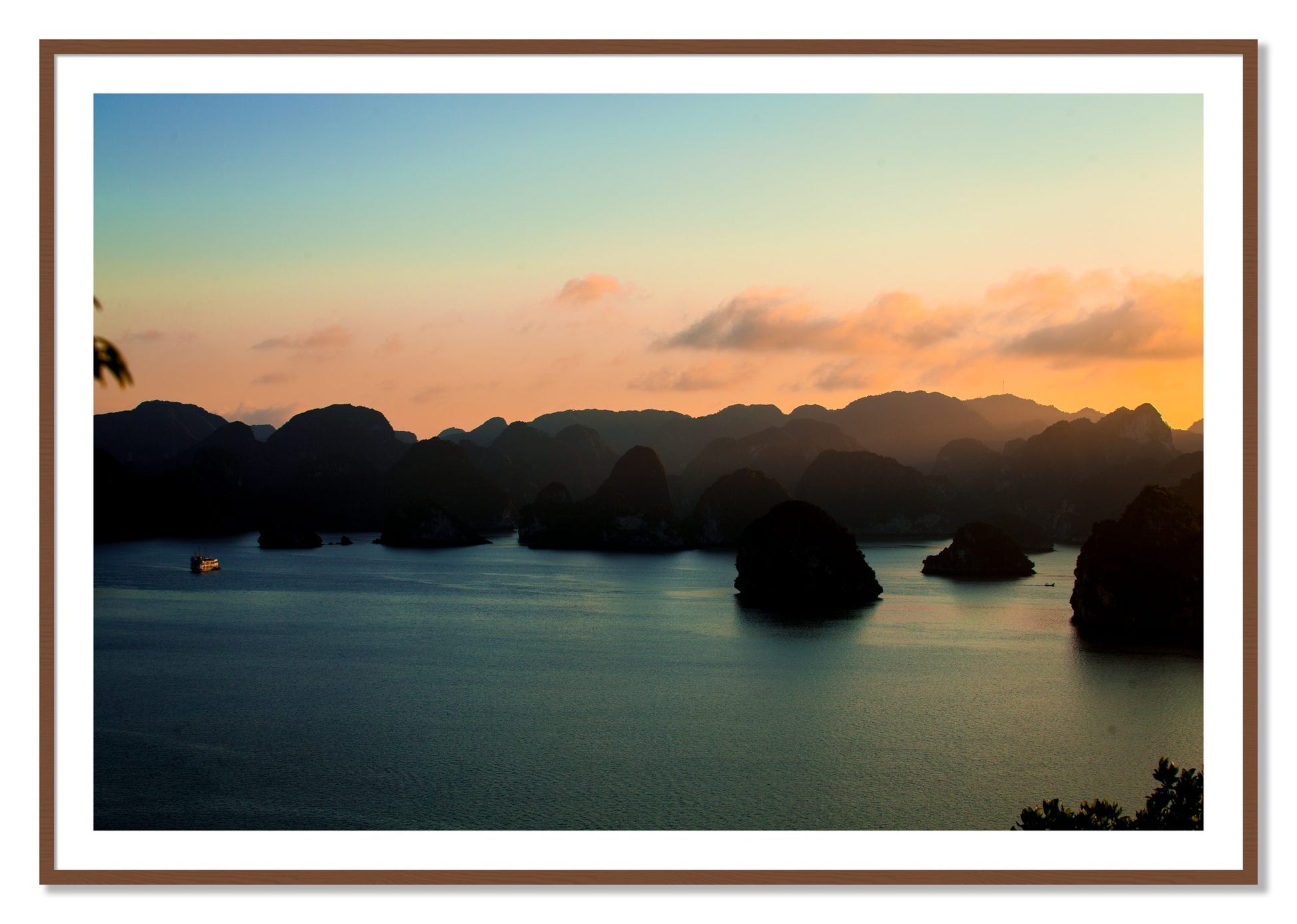Framed photograph of Dusk At Sea by Dylan Ozanich, Walnut frame, Borders