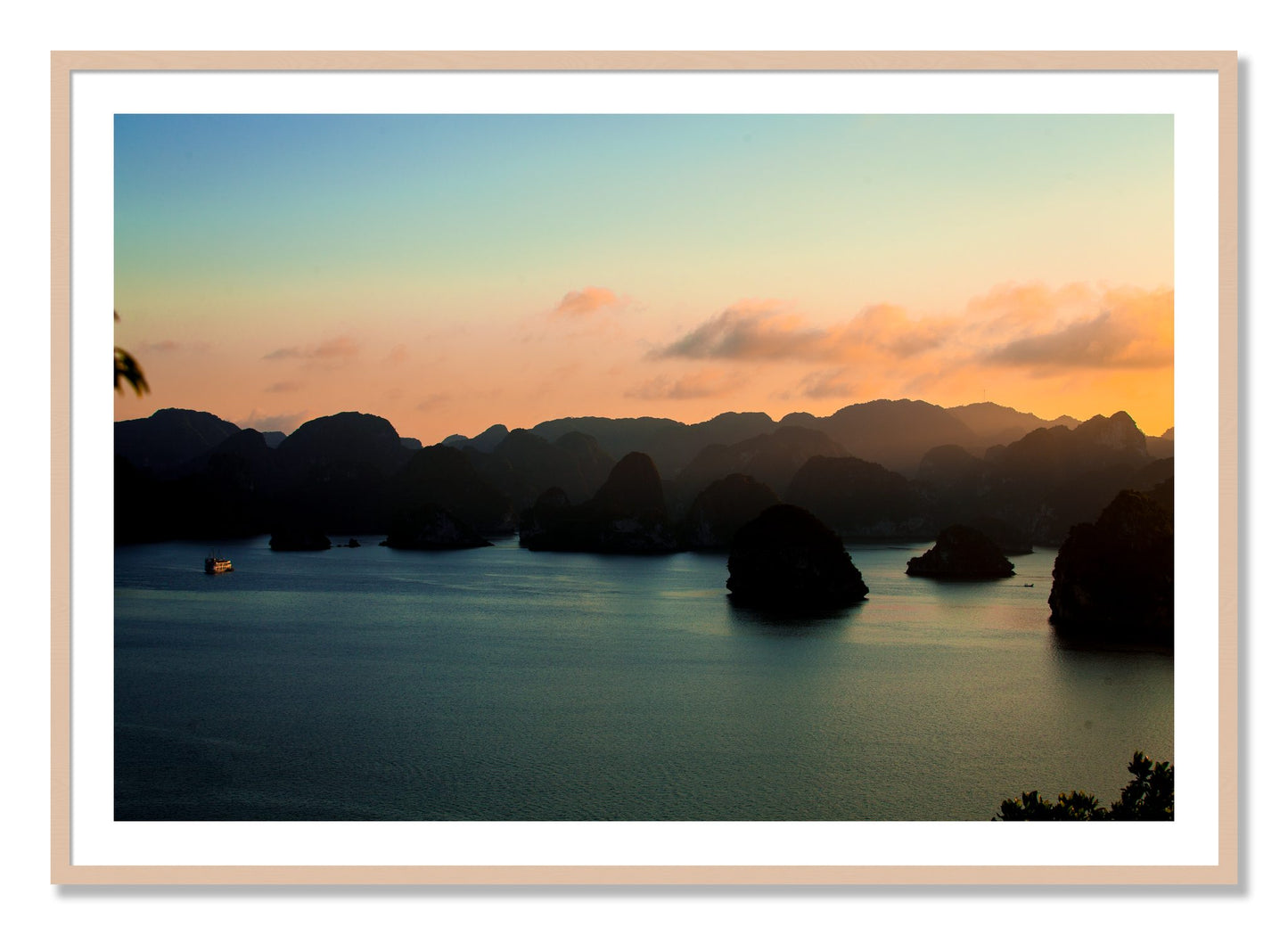 Framed photograph of Dusk At Sea by Dylan Ozanich, Maple frame, Borders