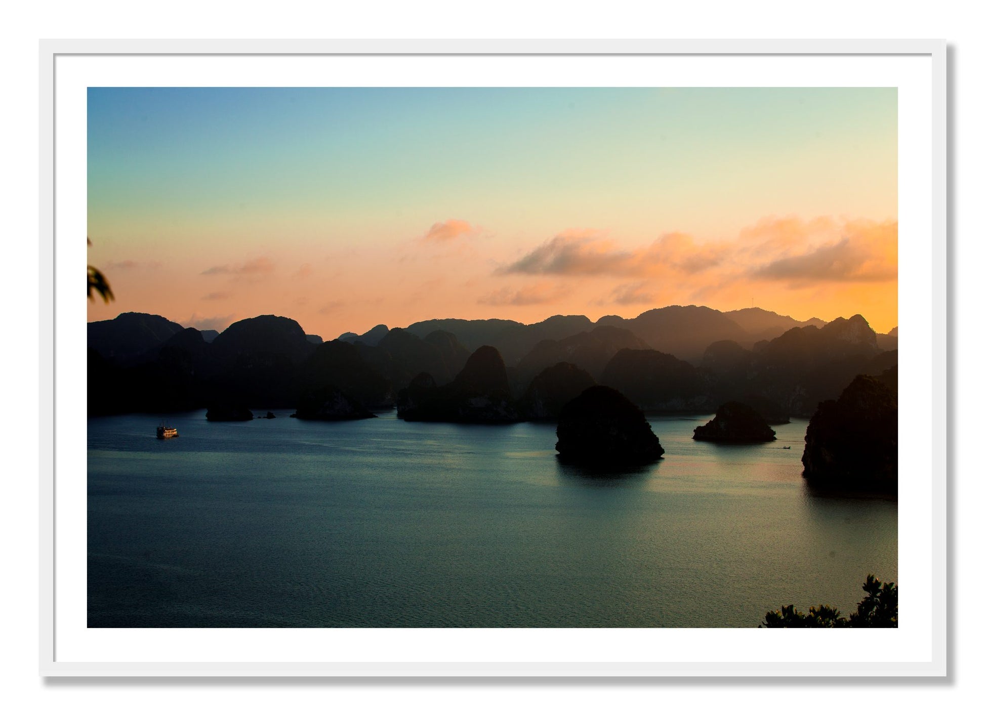 Framed photograph of Dusk At Sea by Dylan Ozanich, White frame, Borders