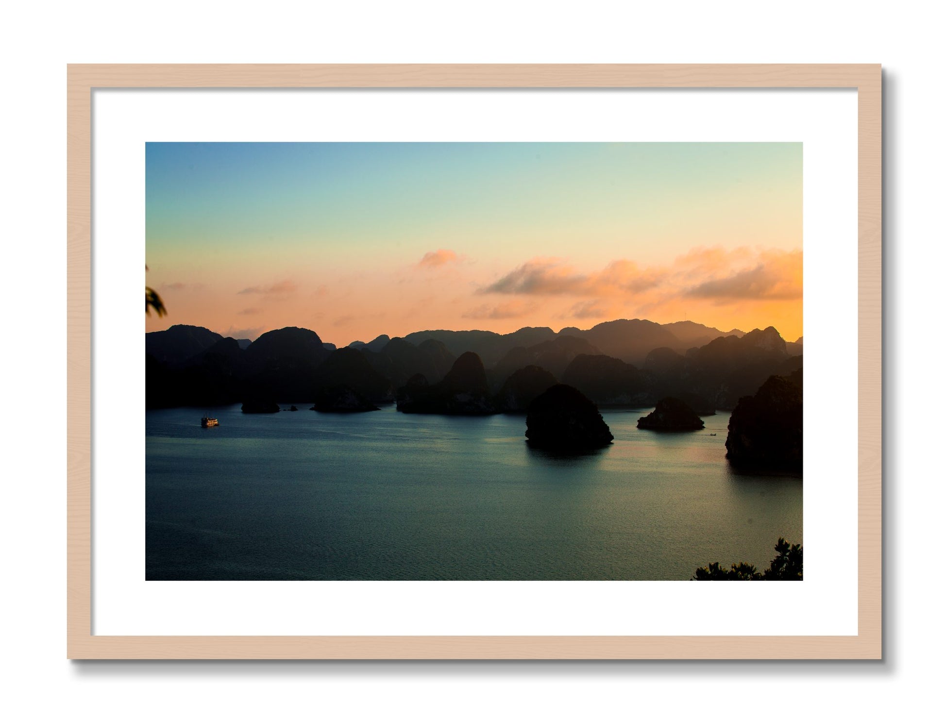 Framed photograph of Dusk At Sea by Dylan Ozanich, Maple frame, Borders