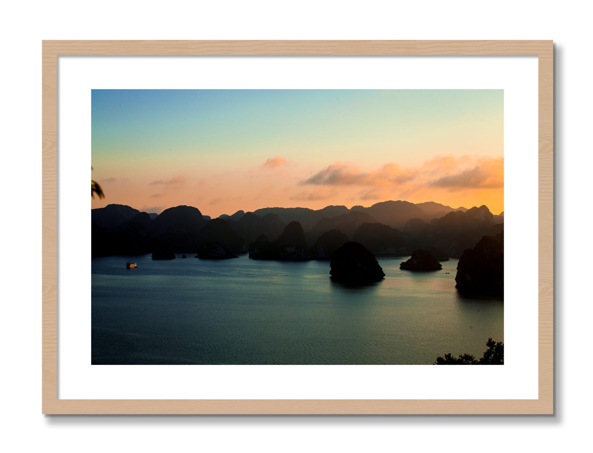 Framed photograph of Dusk At Sea by Dylan Ozanich, Oak frame, Borders