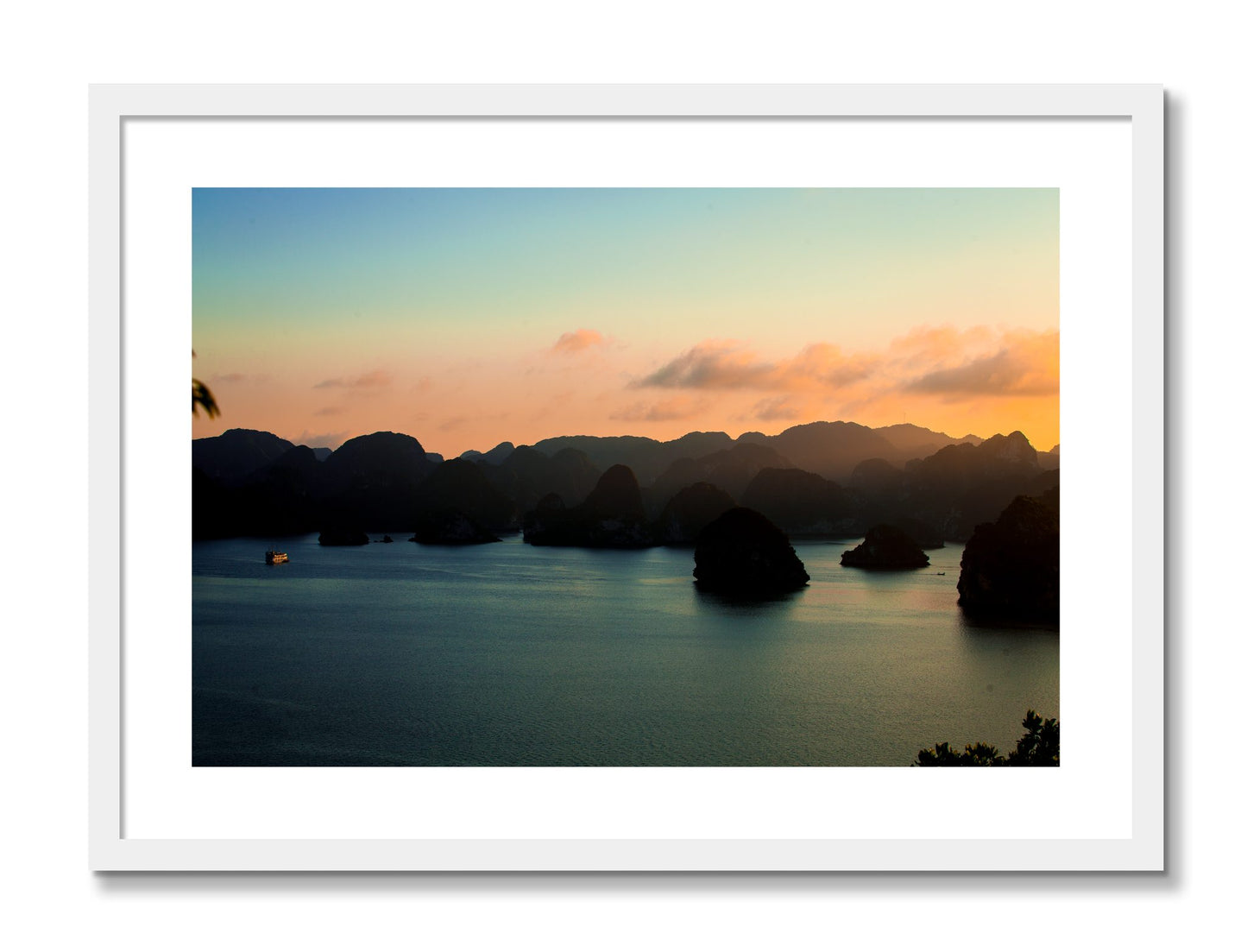 Framed photograph of Dusk At Sea by Dylan Ozanich, White frame, Borders