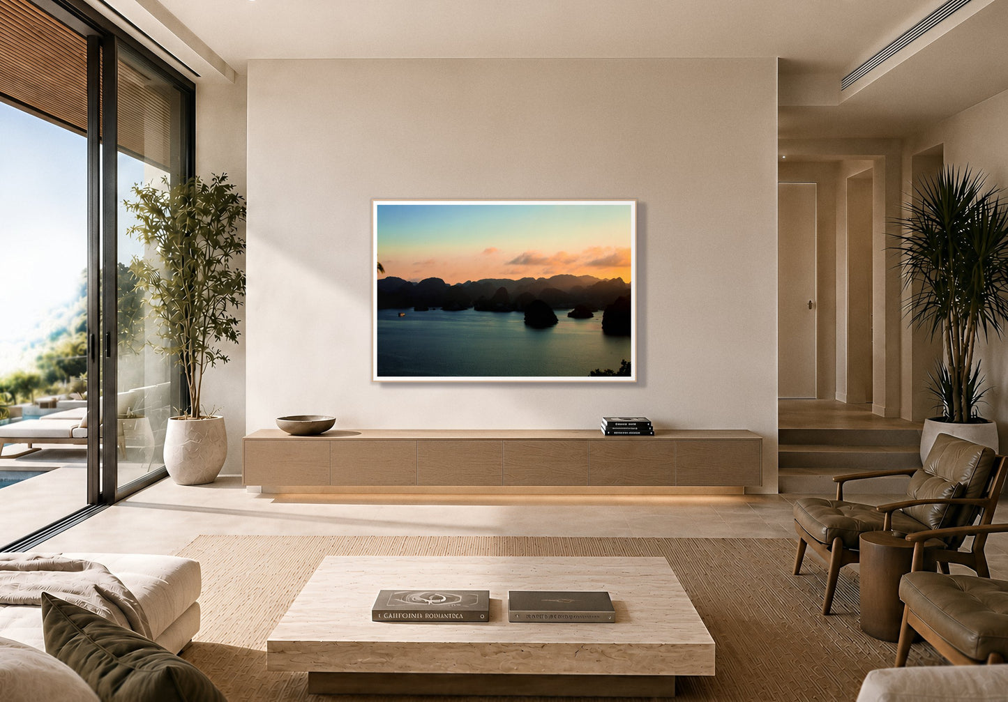 Dusk At Sea by Dylan Ozanich in an Oak frame, above a floating oak credenza in a minimalist room opening onto a pool terrace