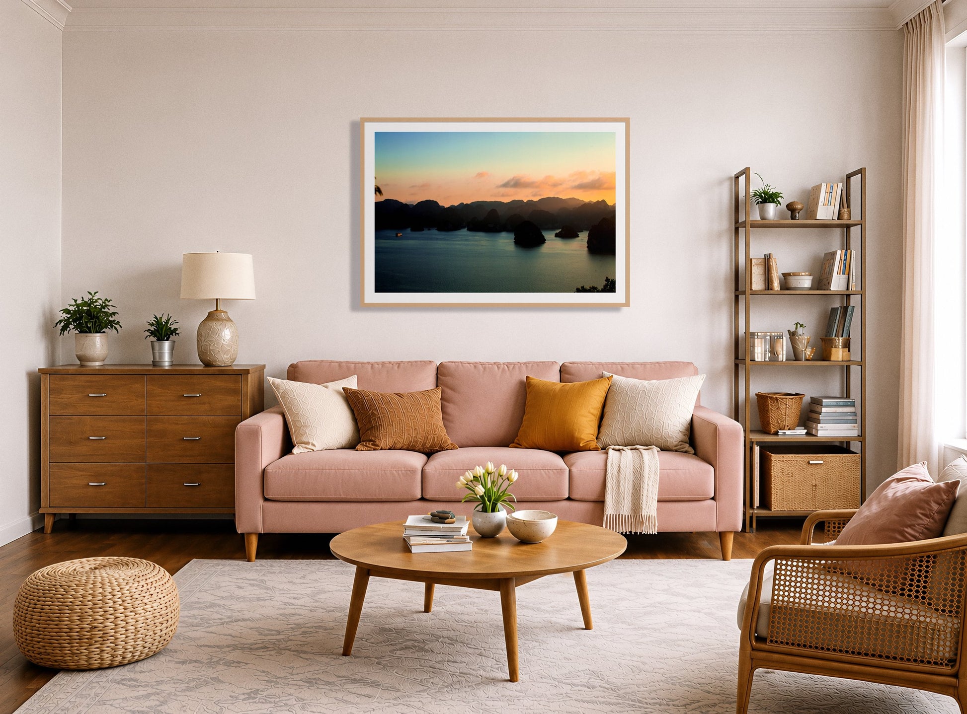 Framed photograph of Dusk At Sea by Dylan Ozanich displayed on a wall