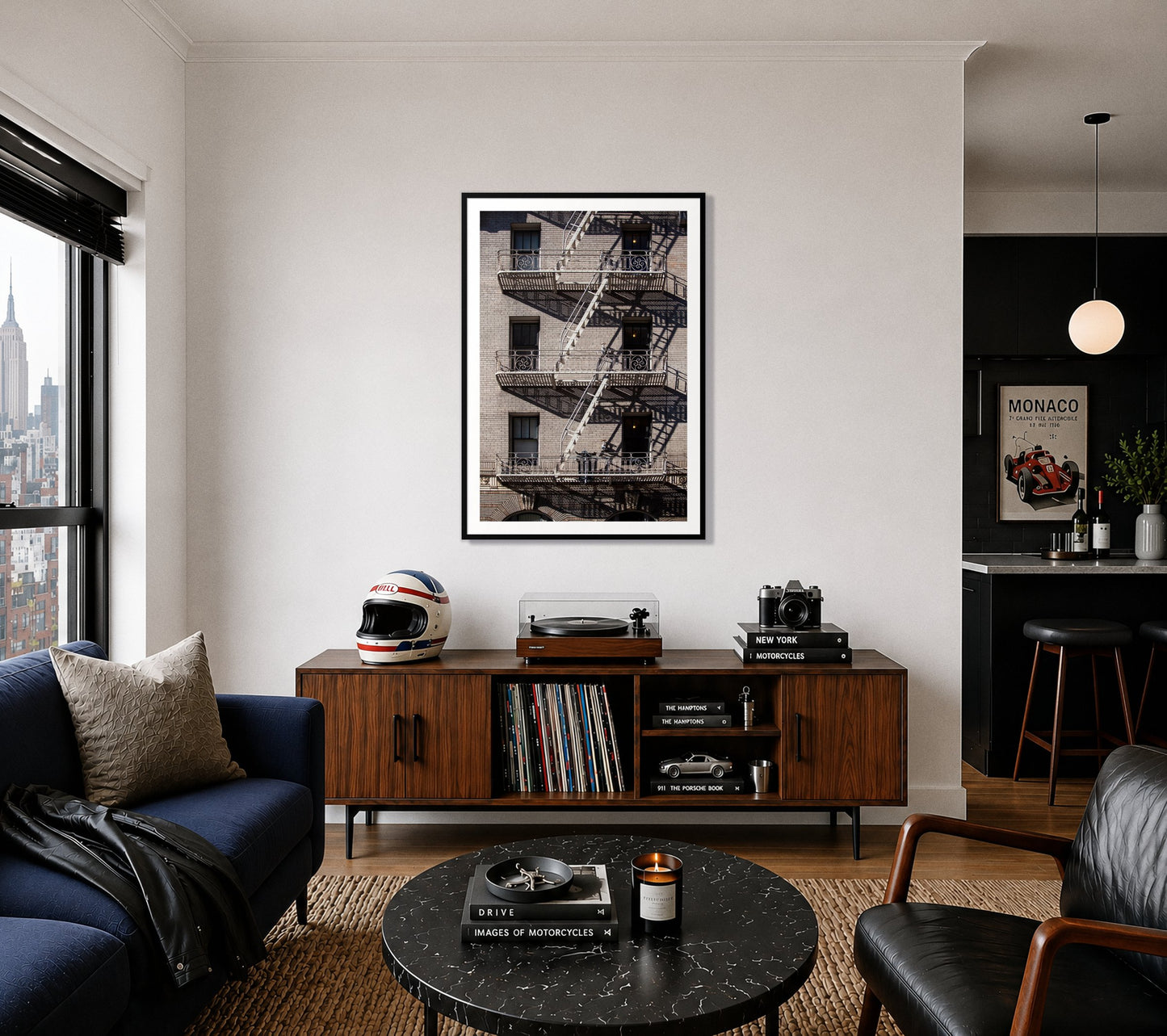 Escape by Dylan Ozanich in a Black frame, above a record console in a city apartment with a turntable and vintage helmet