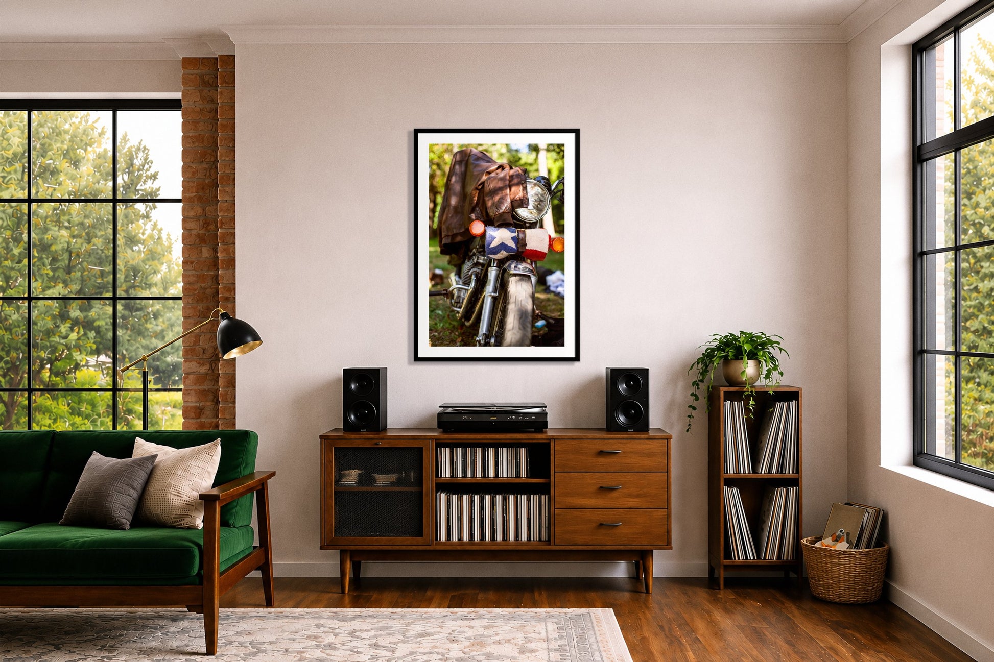 Finding Main Street by Dylan Ozanich in a Grey frame, above a record credenza in a listening room with a green velvet sofa