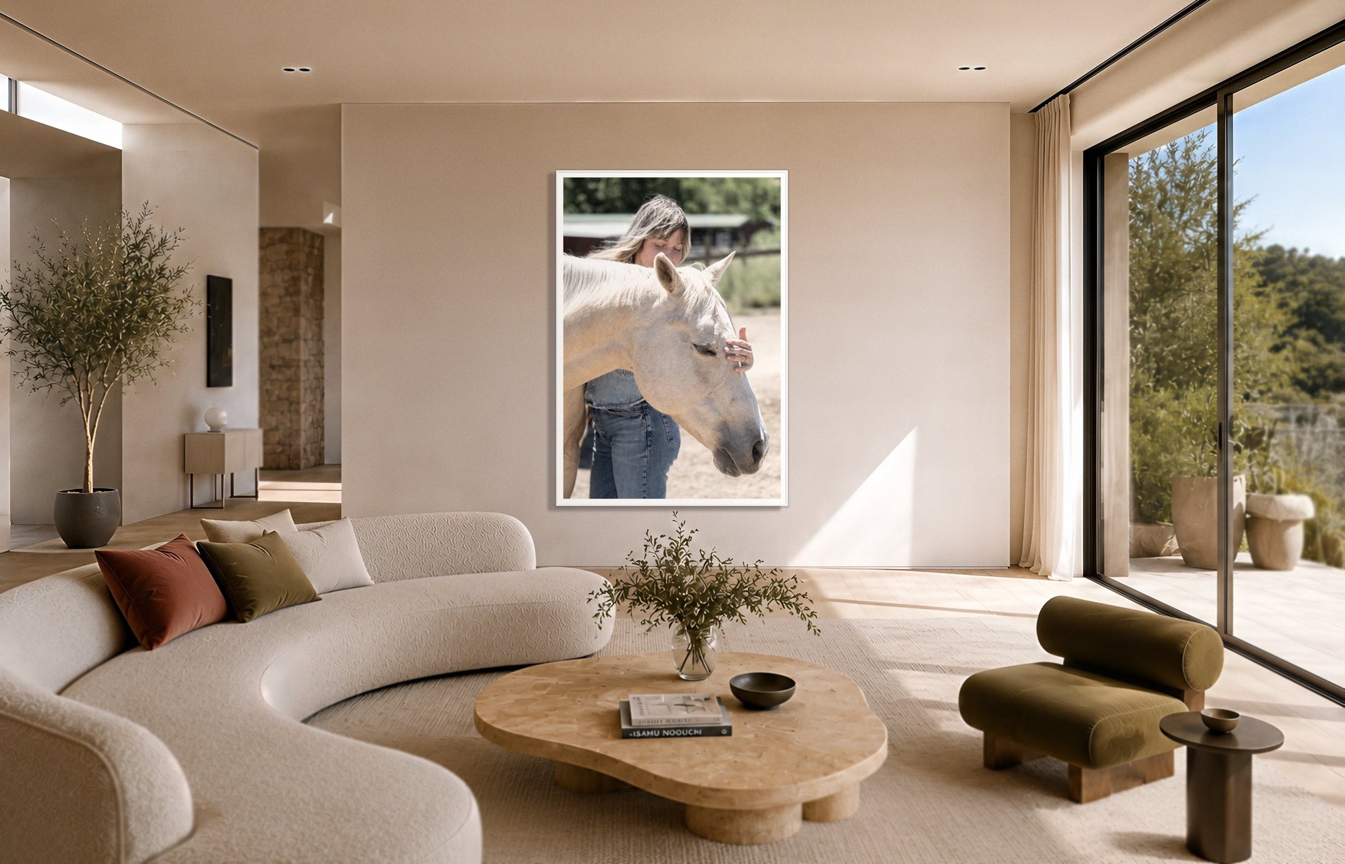 Gentle Touch by Dylan Ozanich in a White frame, above a cream curved sofa in a sunlit room with olive velvet seating