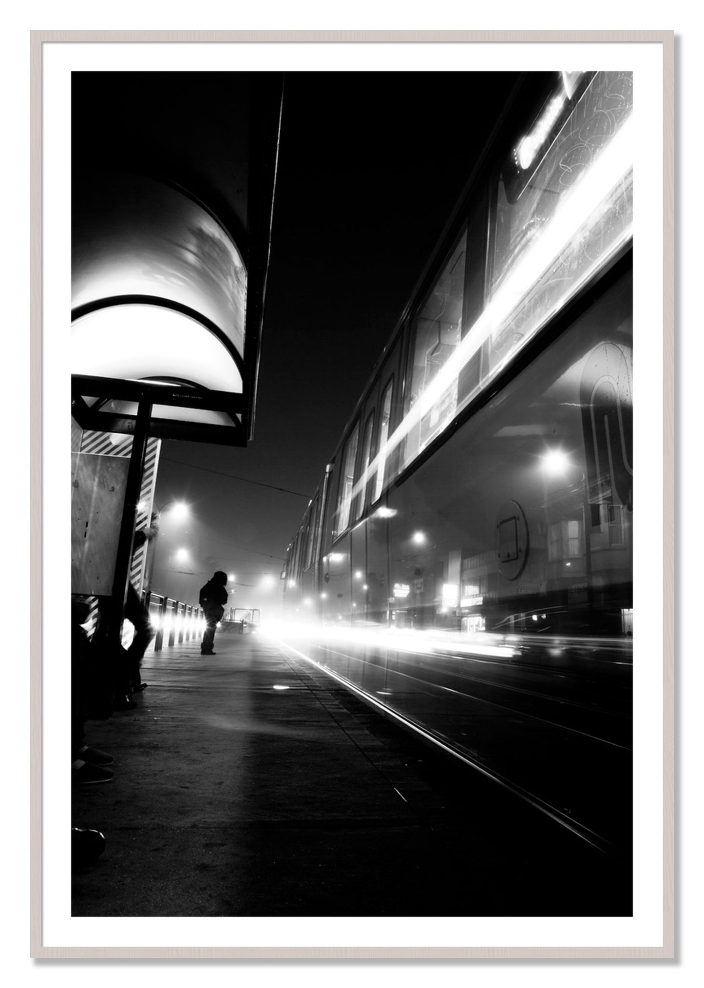 Framed photograph of Ghost Train by Dylan Ozanich, White Maple frame, Borders
