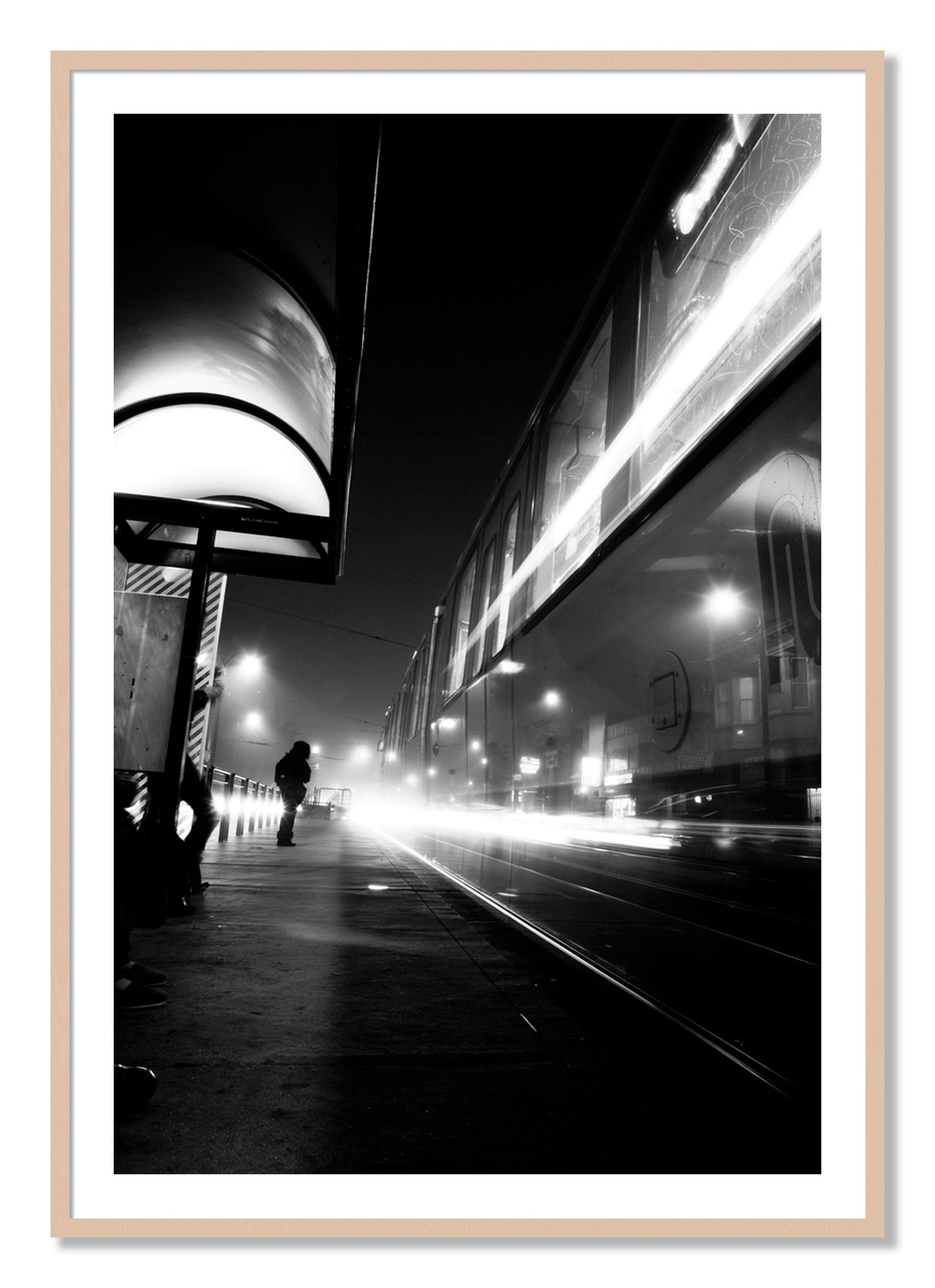 Framed photograph of Ghost Train by Dylan Ozanich, Maple frame, Borders
