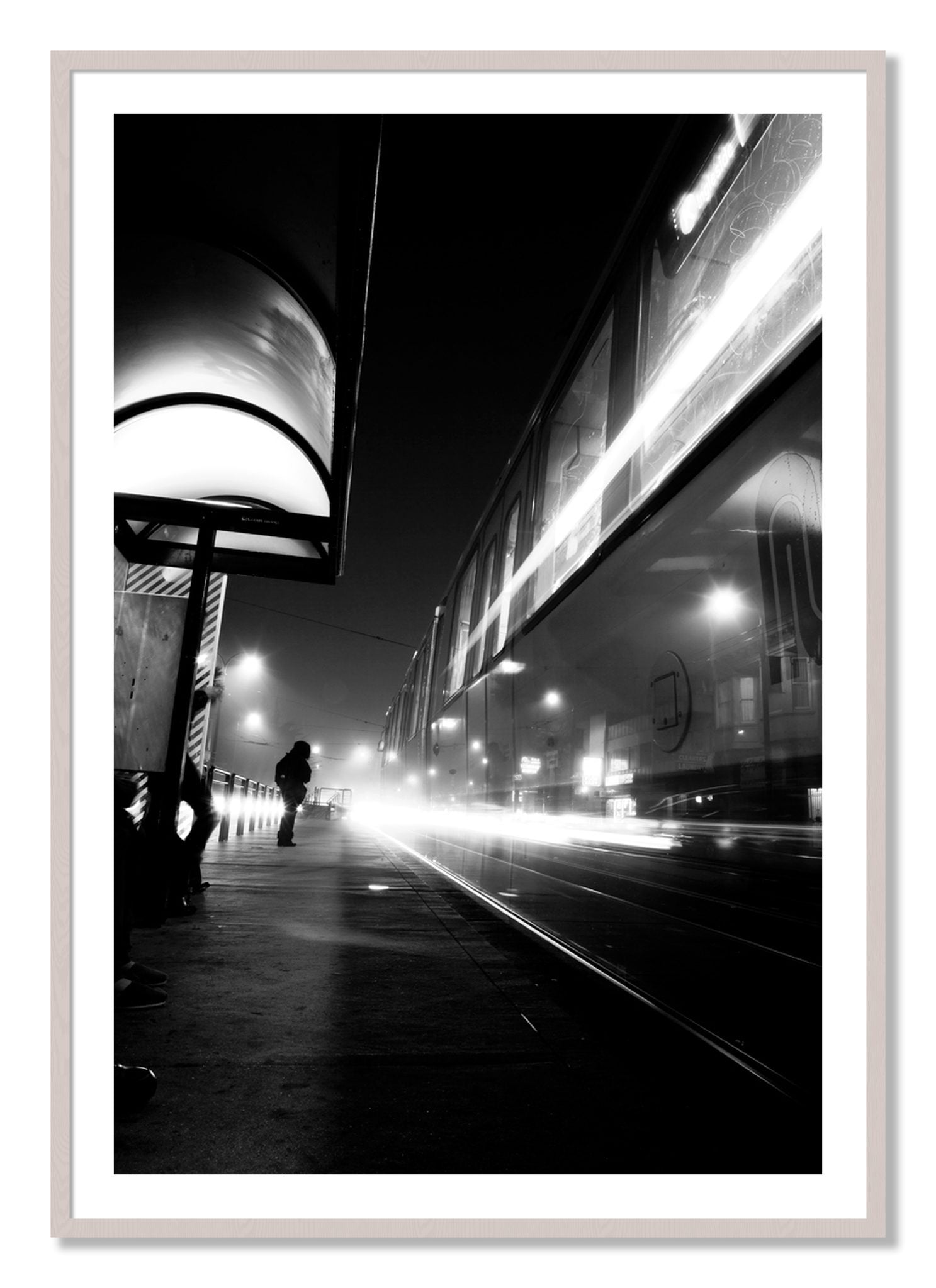 Framed photograph of Ghost Train by Dylan Ozanich, White Maple frame, Borders