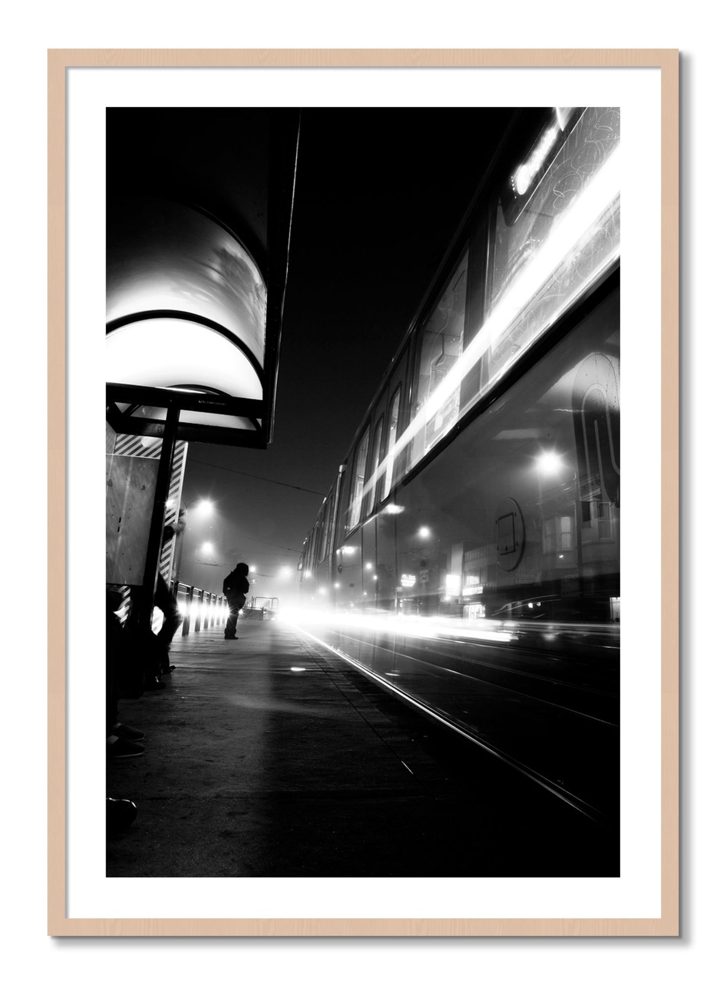 Framed photograph of Ghost Train by Dylan Ozanich, Maple frame, Borders