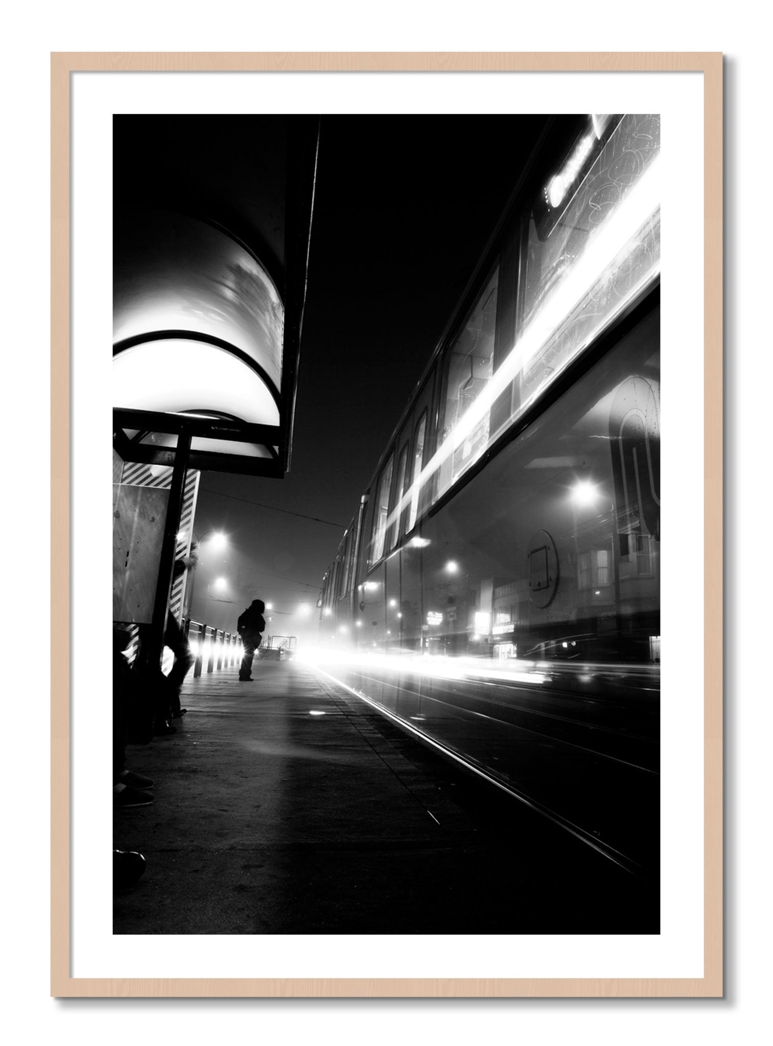 Framed photograph of Ghost Train by Dylan Ozanich, Maple frame, Borders