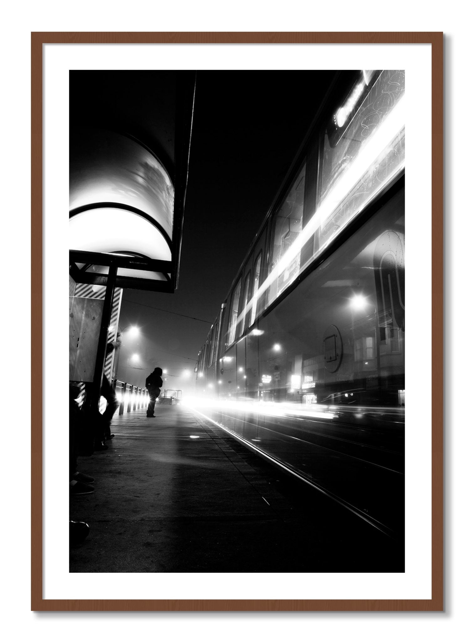 Framed photograph of Ghost Train by Dylan Ozanich, Walnut frame, Borders