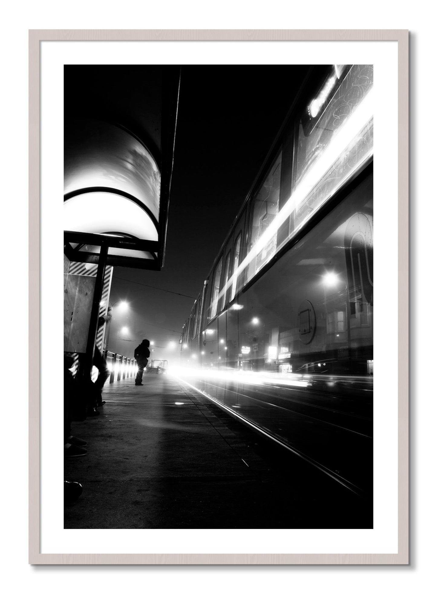 Framed photograph of Ghost Train by Dylan Ozanich, White Maple frame, Borders