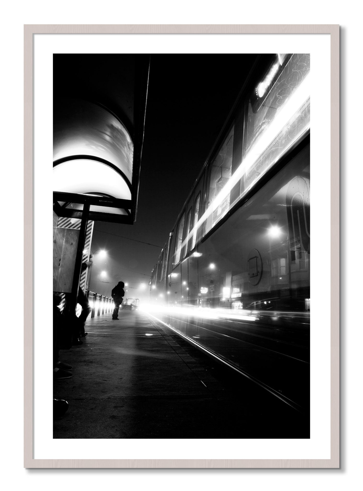 Framed photograph of Ghost Train by Dylan Ozanich, White Maple frame, Borders
