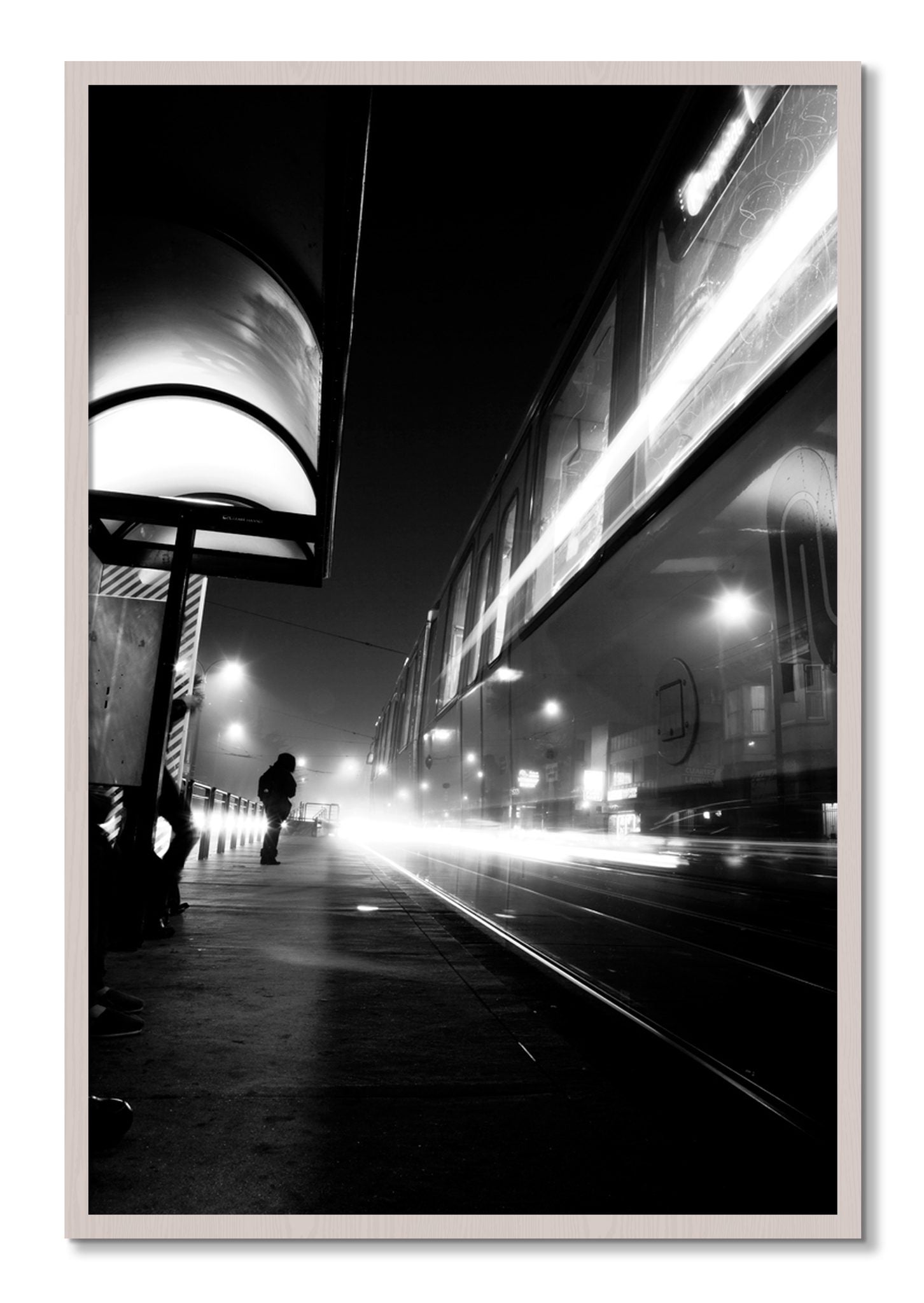 Framed photograph of Ghost Train by Dylan Ozanich, White Maple frame, Full Bleed