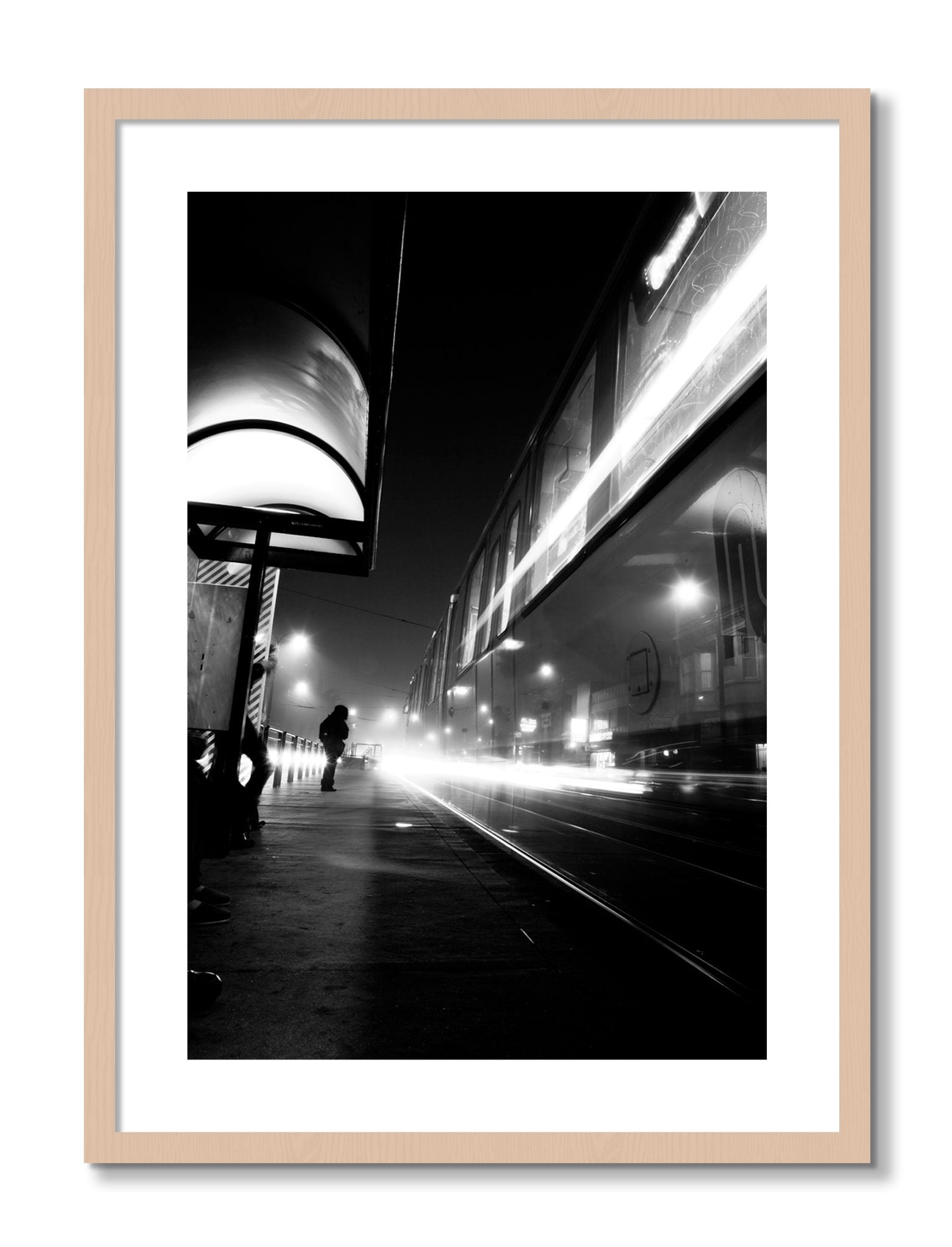 Framed photograph of Ghost Train by Dylan Ozanich, Maple frame, Borders