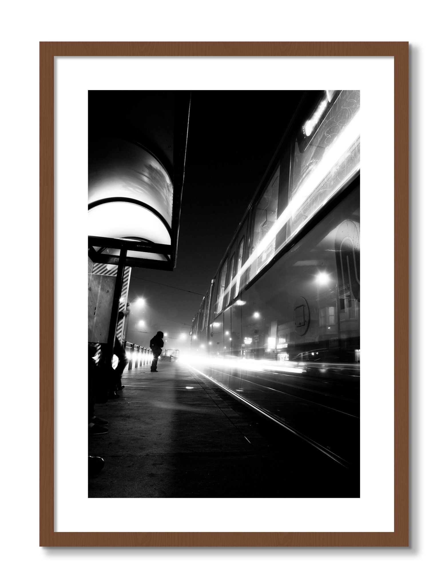 Framed photograph of Ghost Train by Dylan Ozanich, Walnut frame, Borders