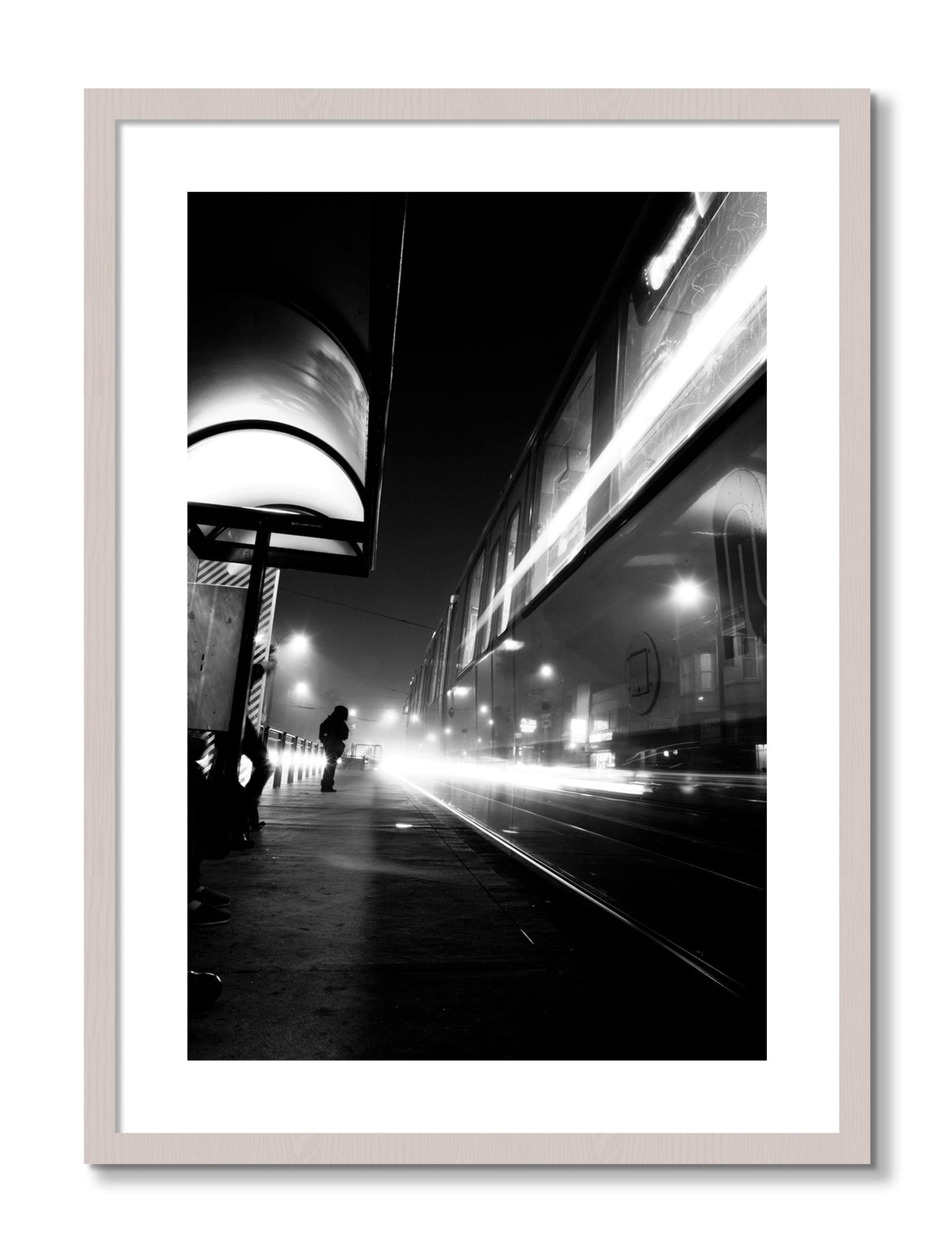 Framed photograph of Ghost Train by Dylan Ozanich, White Maple frame, Borders
