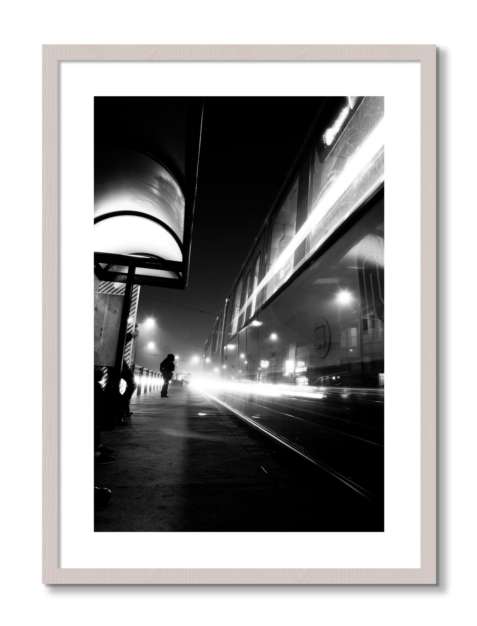 Framed photograph of Ghost Train by Dylan Ozanich, White Maple frame, Borders