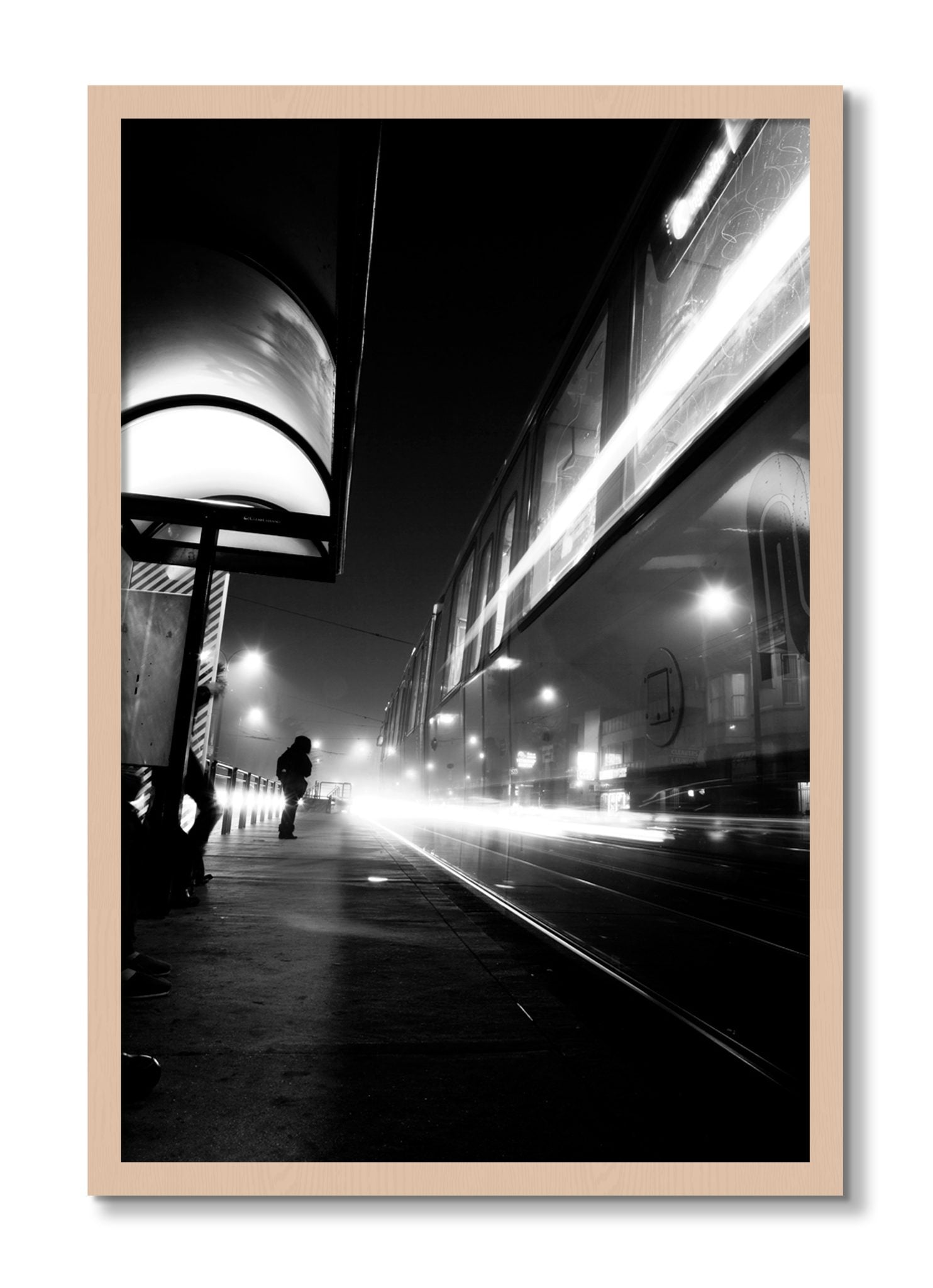 Framed photograph of Ghost Train by Dylan Ozanich, Maple frame, Full Bleed