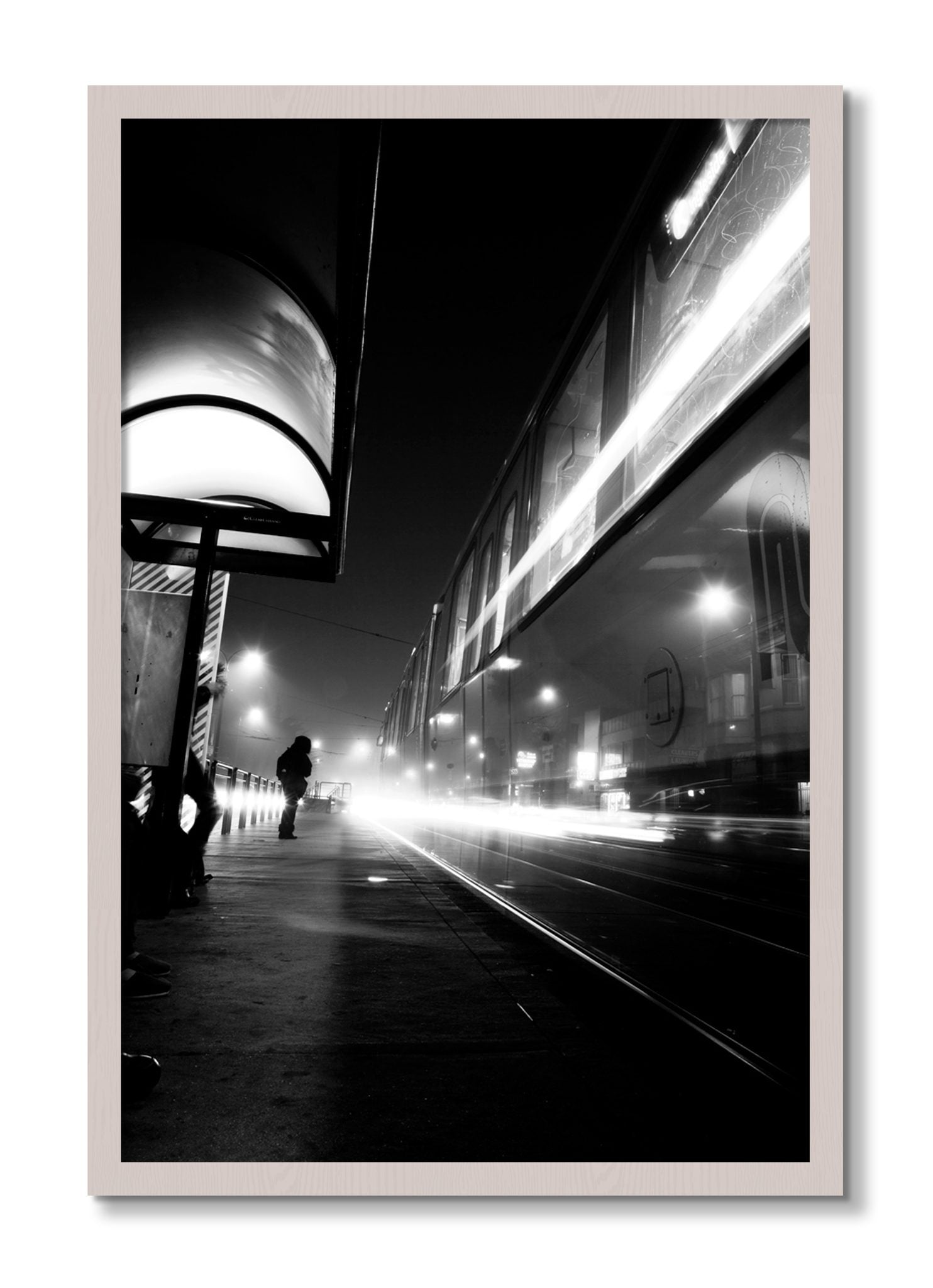 Framed photograph of Ghost Train by Dylan Ozanich, White Maple frame, Full Bleed