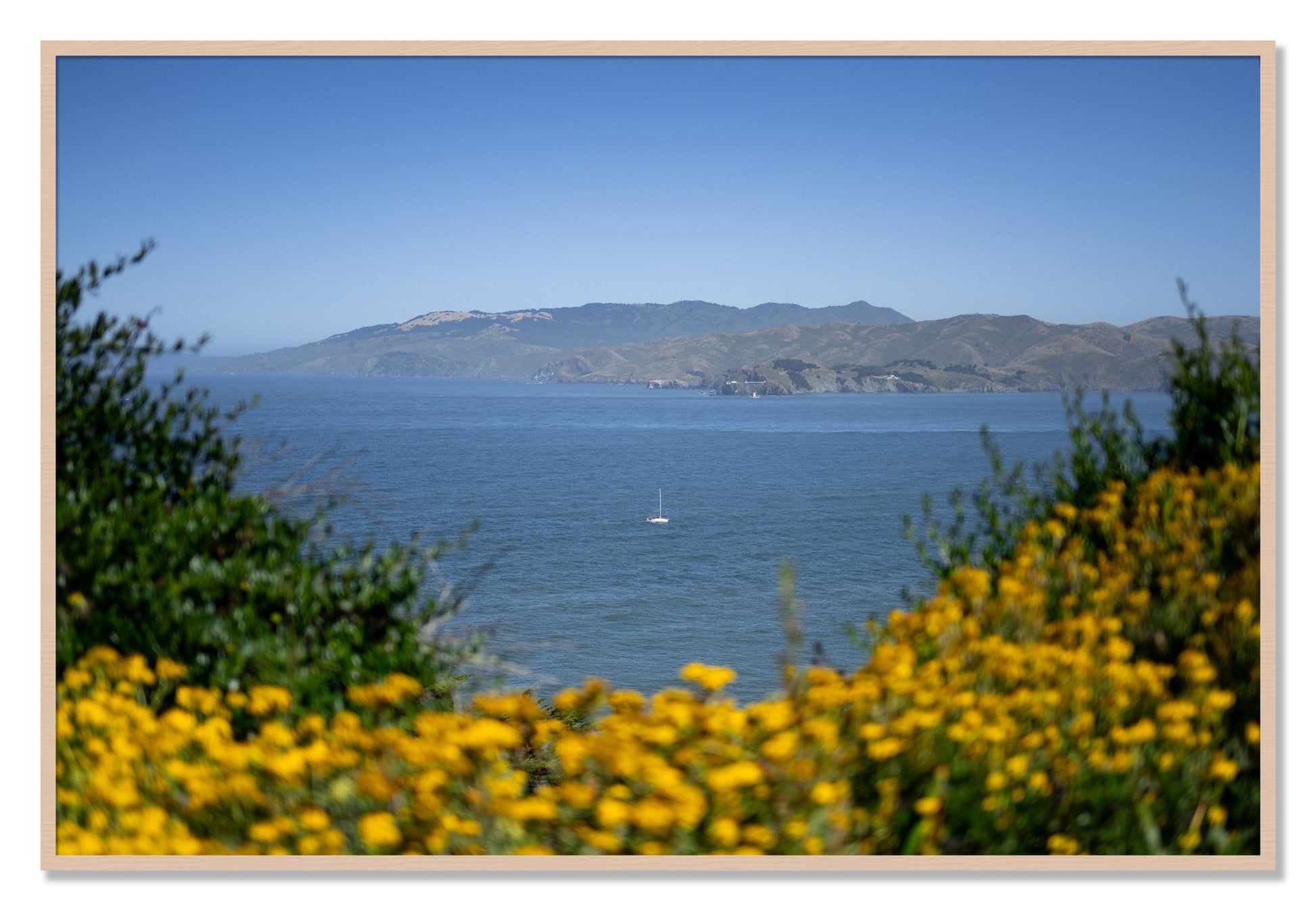 Framed photograph of Golden Bay by Dylan Ozanich, Maple frame, Full Bleed