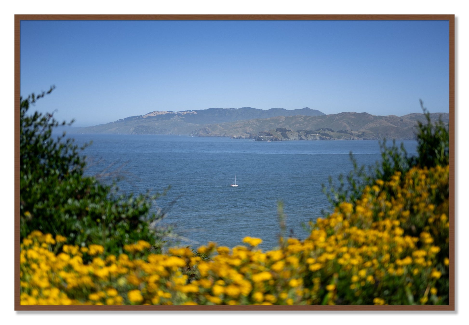 Framed photograph of Golden Bay by Dylan Ozanich, Walnut frame, Full Bleed