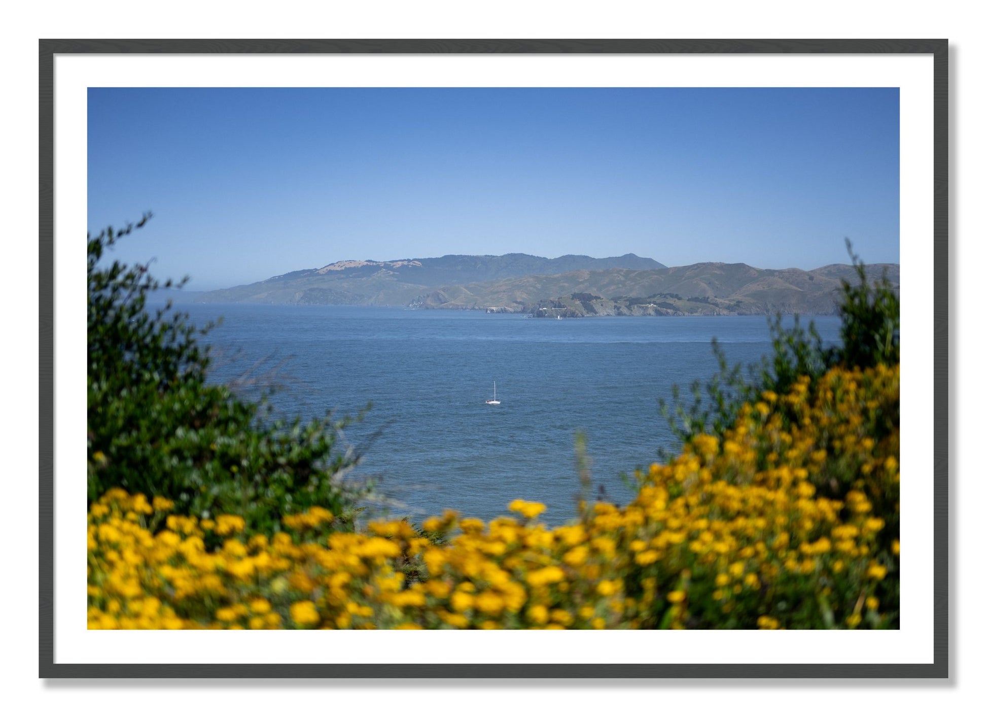 Framed photograph of Golden Bay by Dylan Ozanich, Grey frame, Borders