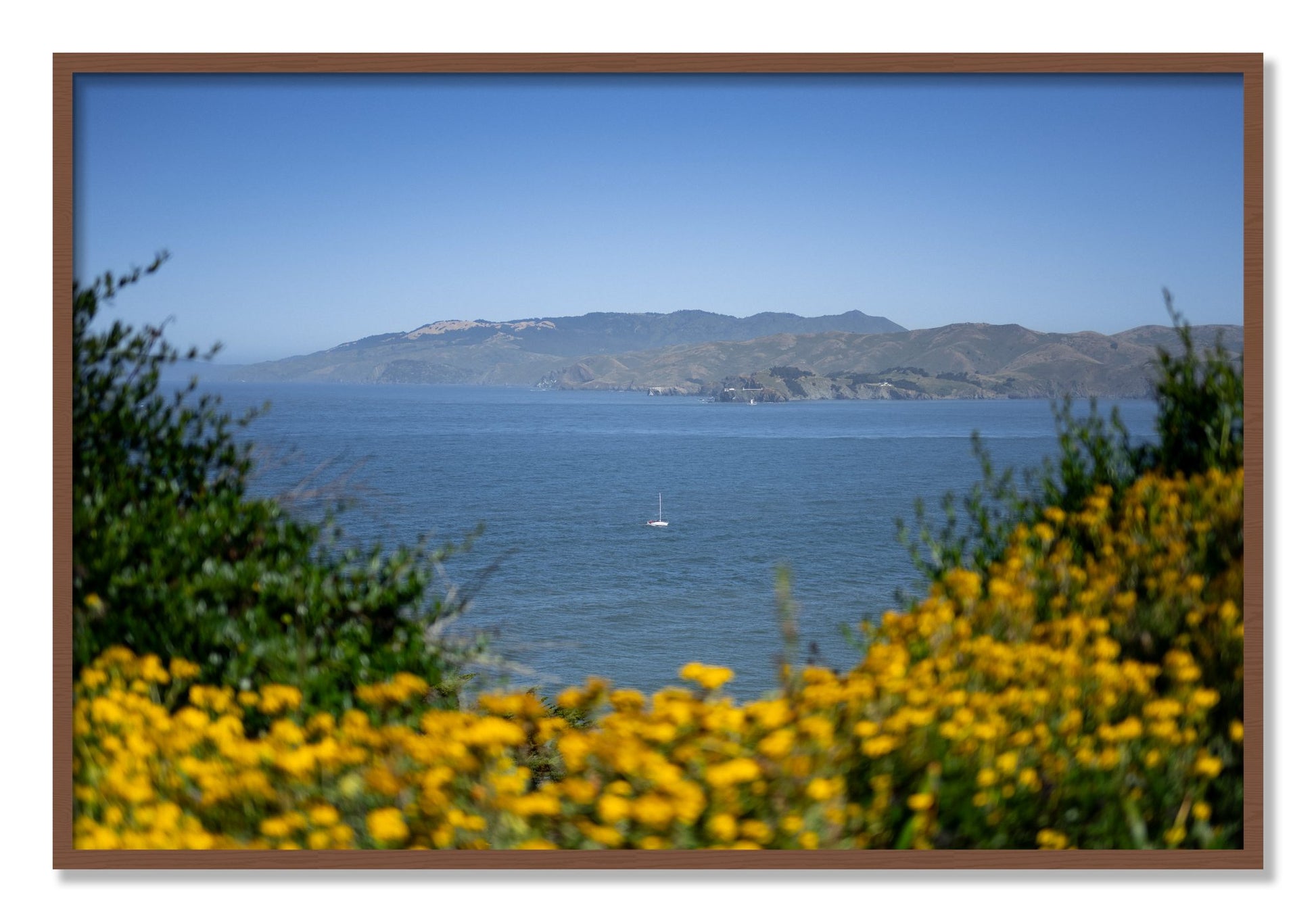 Framed photograph of Golden Bay by Dylan Ozanich, Walnut frame, Full Bleed