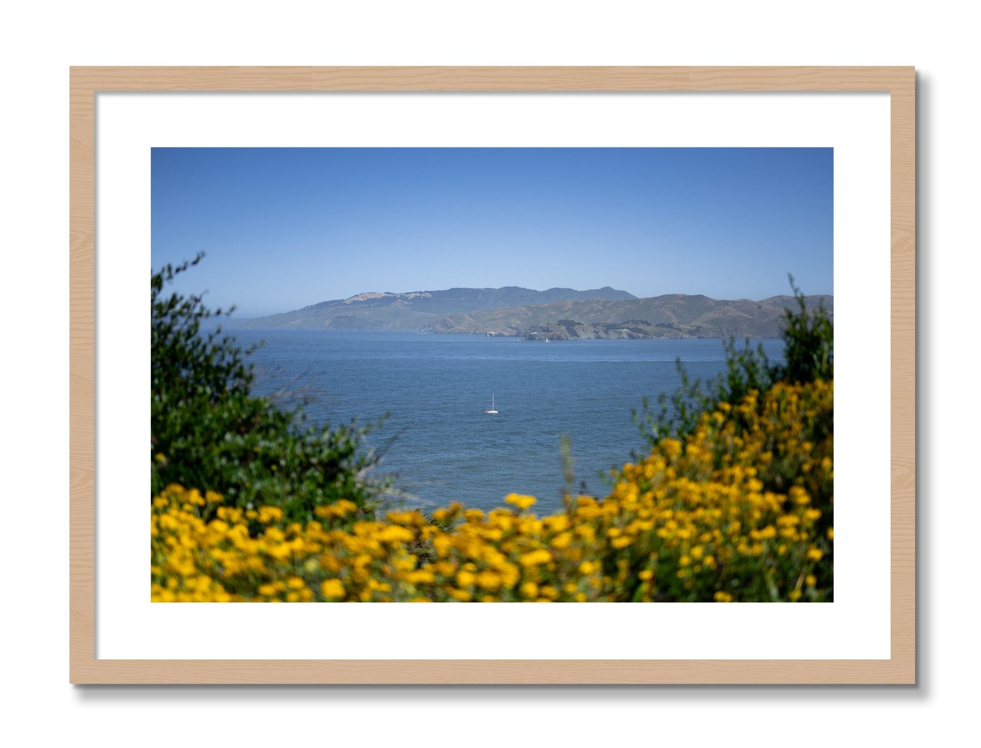 Framed photograph of Golden Bay by Dylan Ozanich, Oak frame, Borders