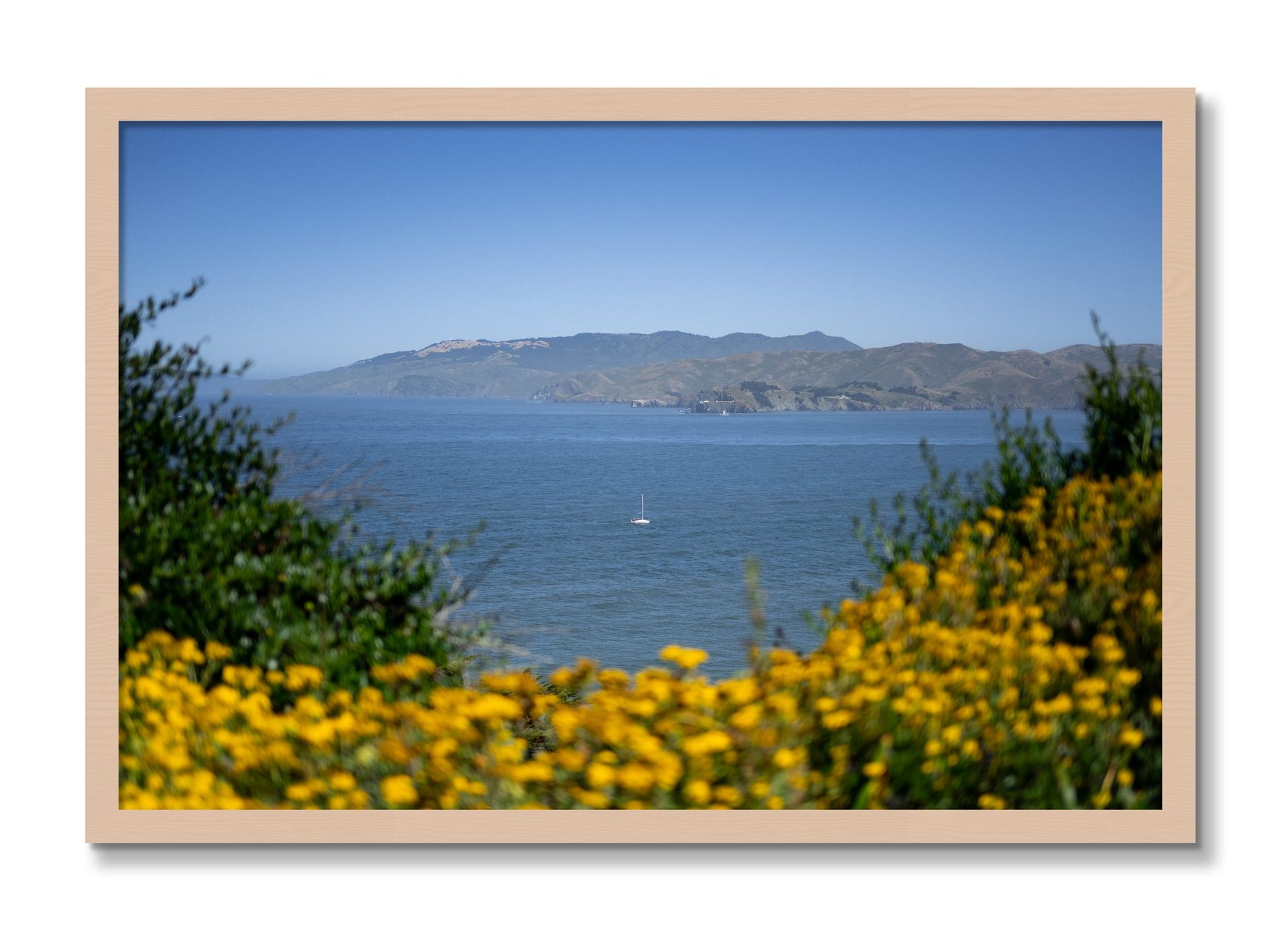 Framed photograph of Golden Bay by Dylan Ozanich, Maple frame, Full Bleed
