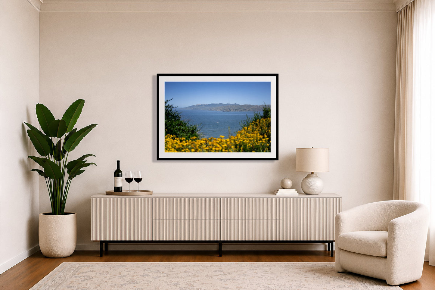 Framed photograph of Golden Bay by Dylan Ozanich displayed on a wall