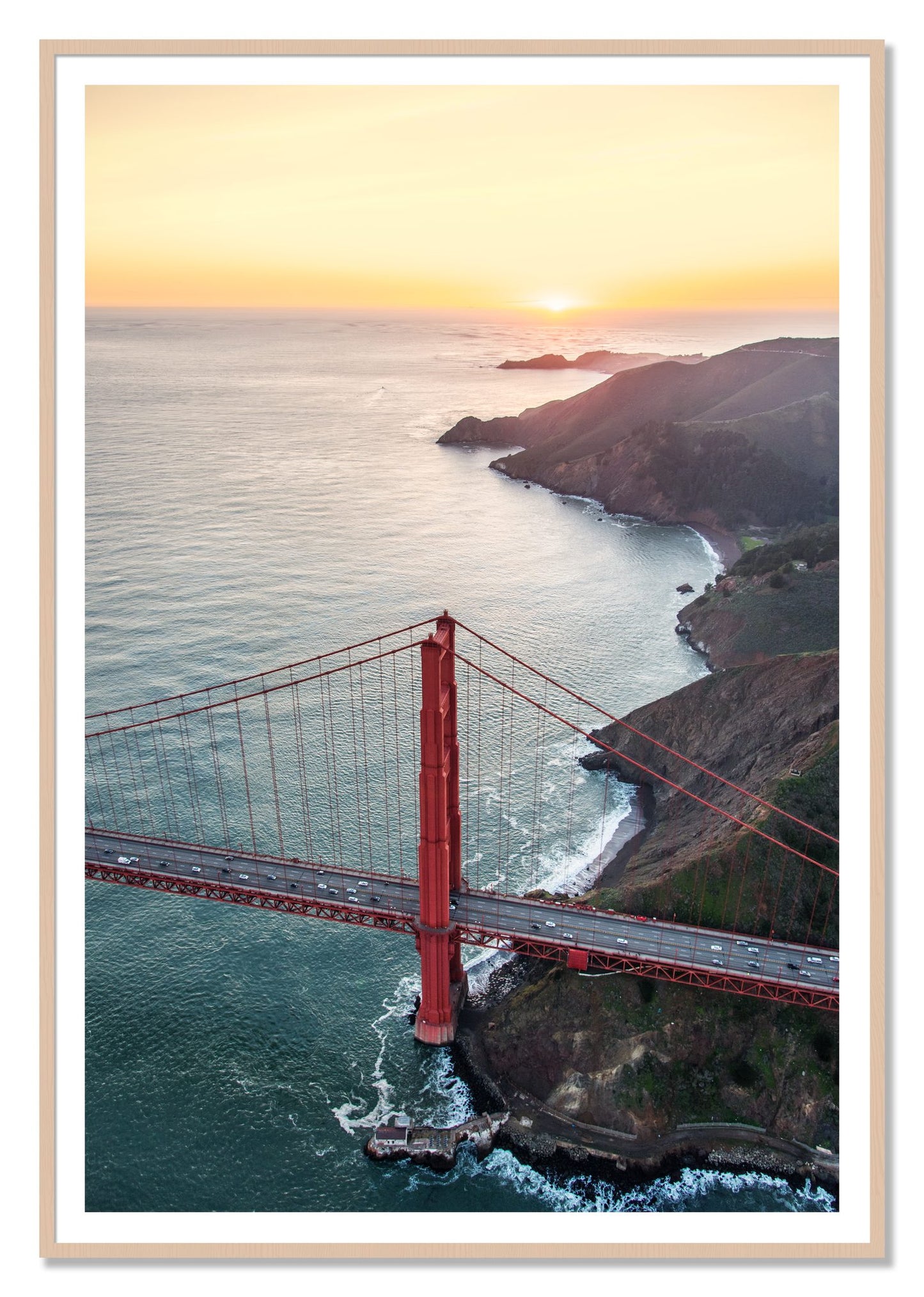 Golden Gate At Dusk by Dylan Ozanich, 48×72 print with a White Border in a Maple frame