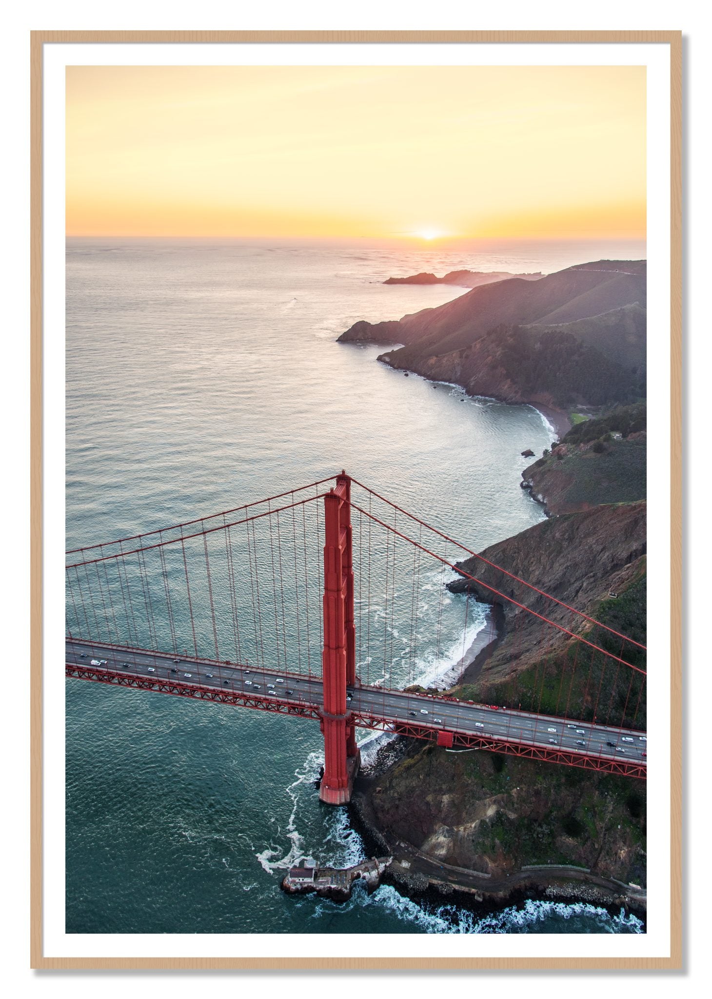 Golden Gate At Dusk by Dylan Ozanich, 48×72 print with a White Border in an Oak frame
