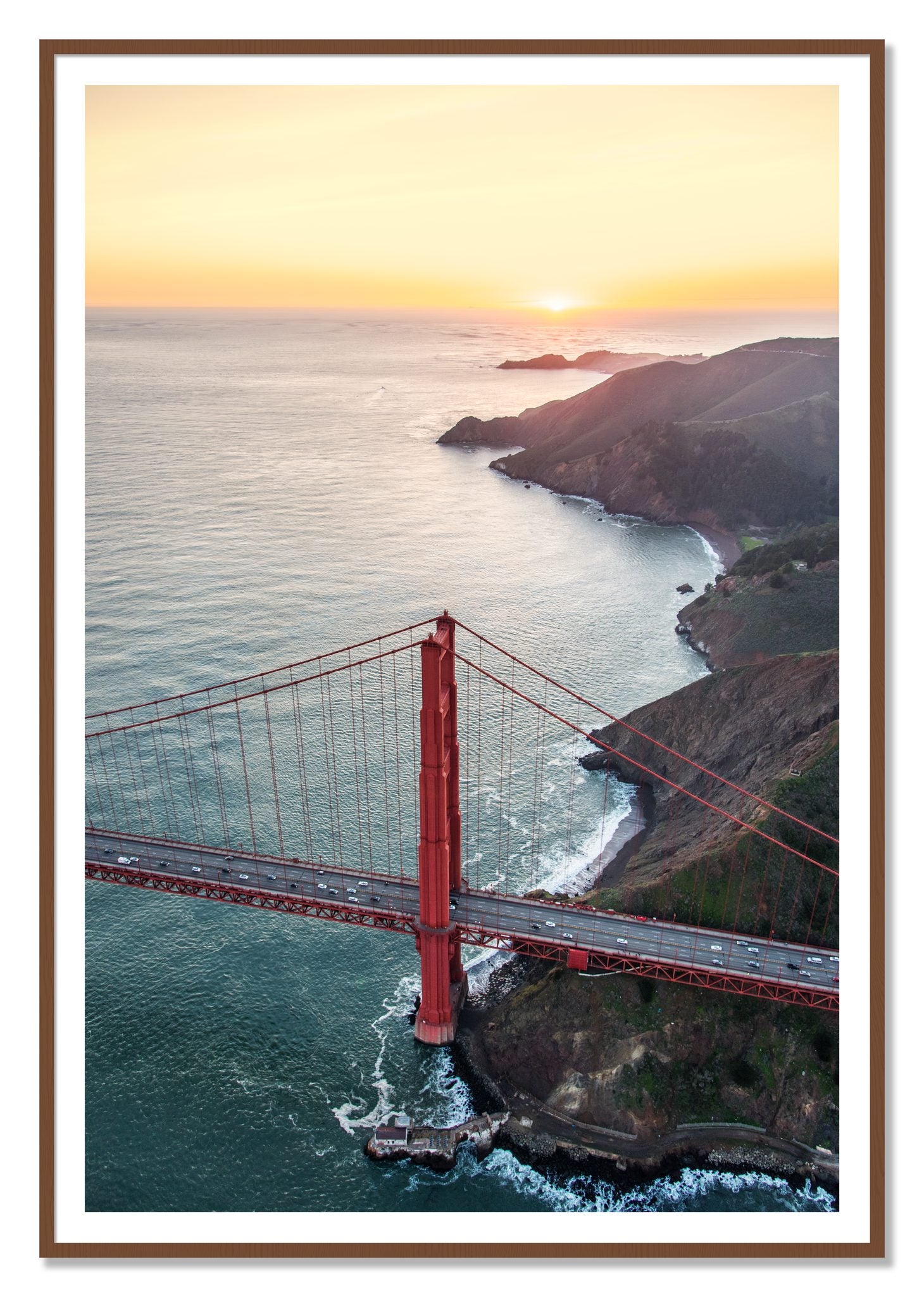 Golden Gate At Dusk by Dylan Ozanich, 48×72 print with a White Border in a Walnut frame