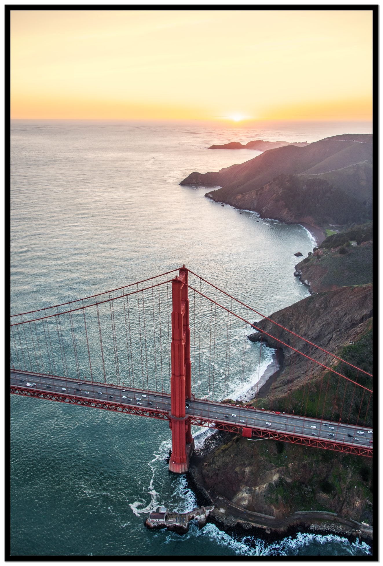 Golden Gate At Dusk by Dylan Ozanich, 48×72 Full Bleed Print in a Black frame