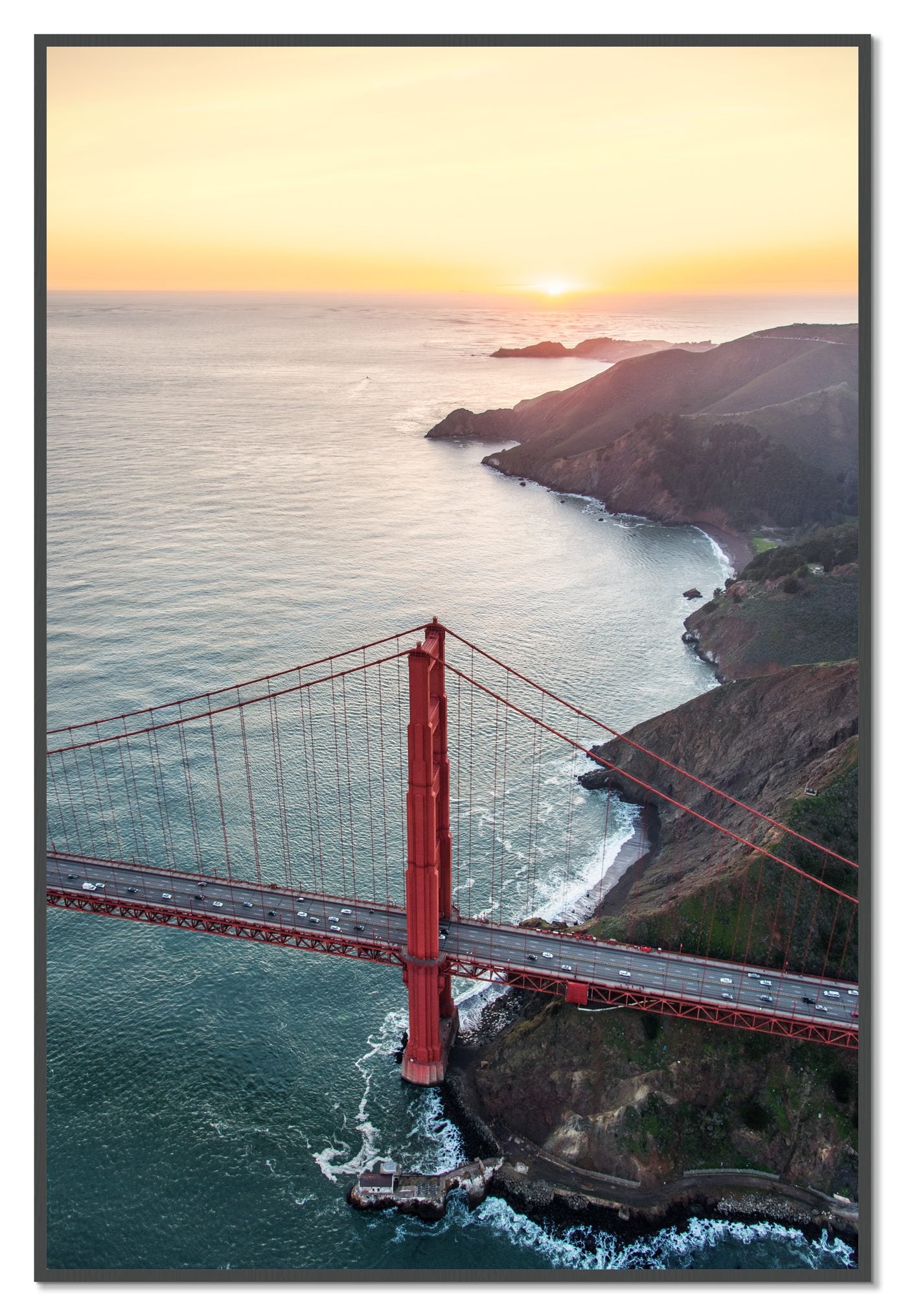 Golden Gate At Dusk by Dylan Ozanich, 48×72 Full Bleed Print in a Grey frame