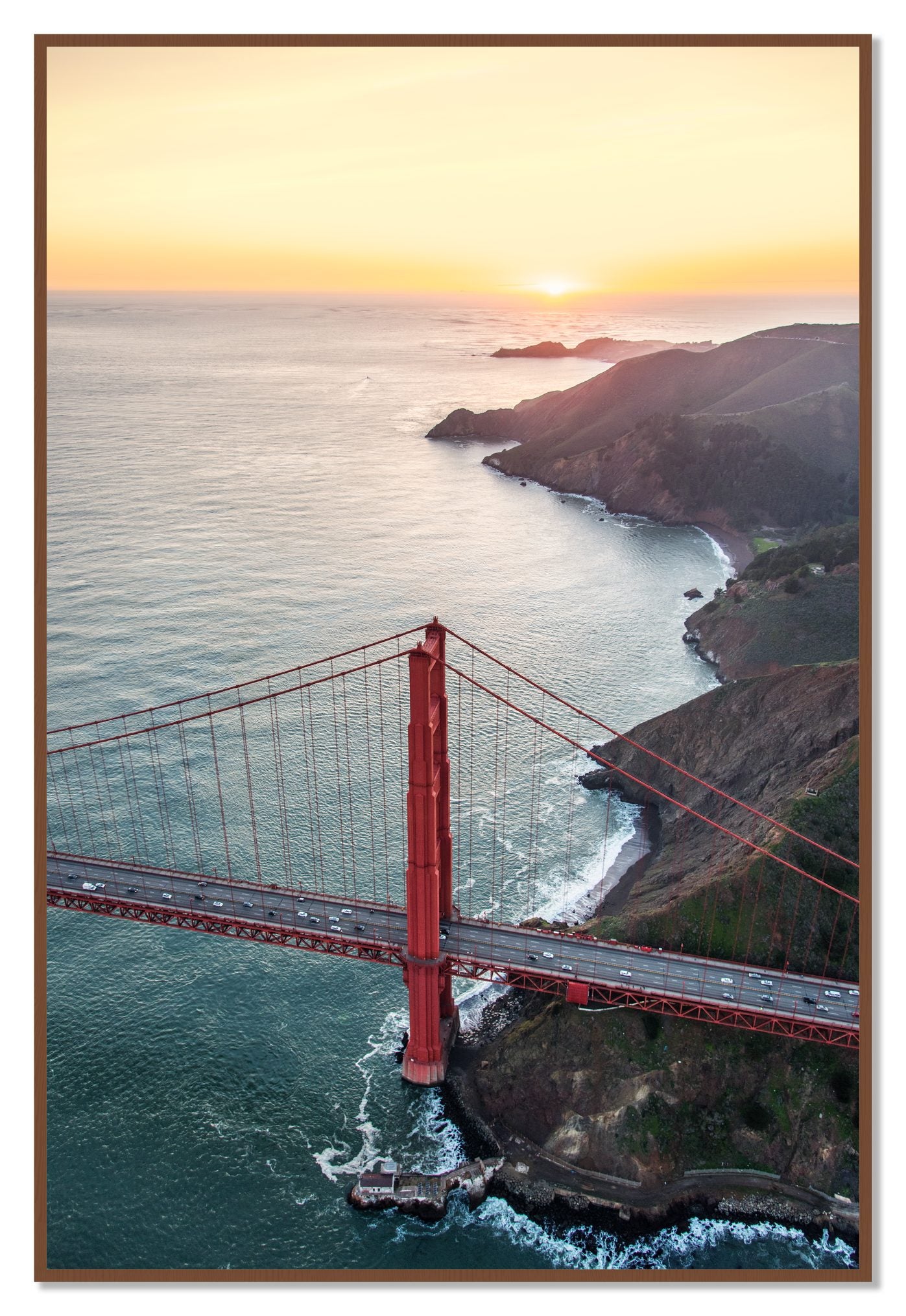 Golden Gate At Dusk by Dylan Ozanich, 48×72 Full Bleed Print in a Walnut frame