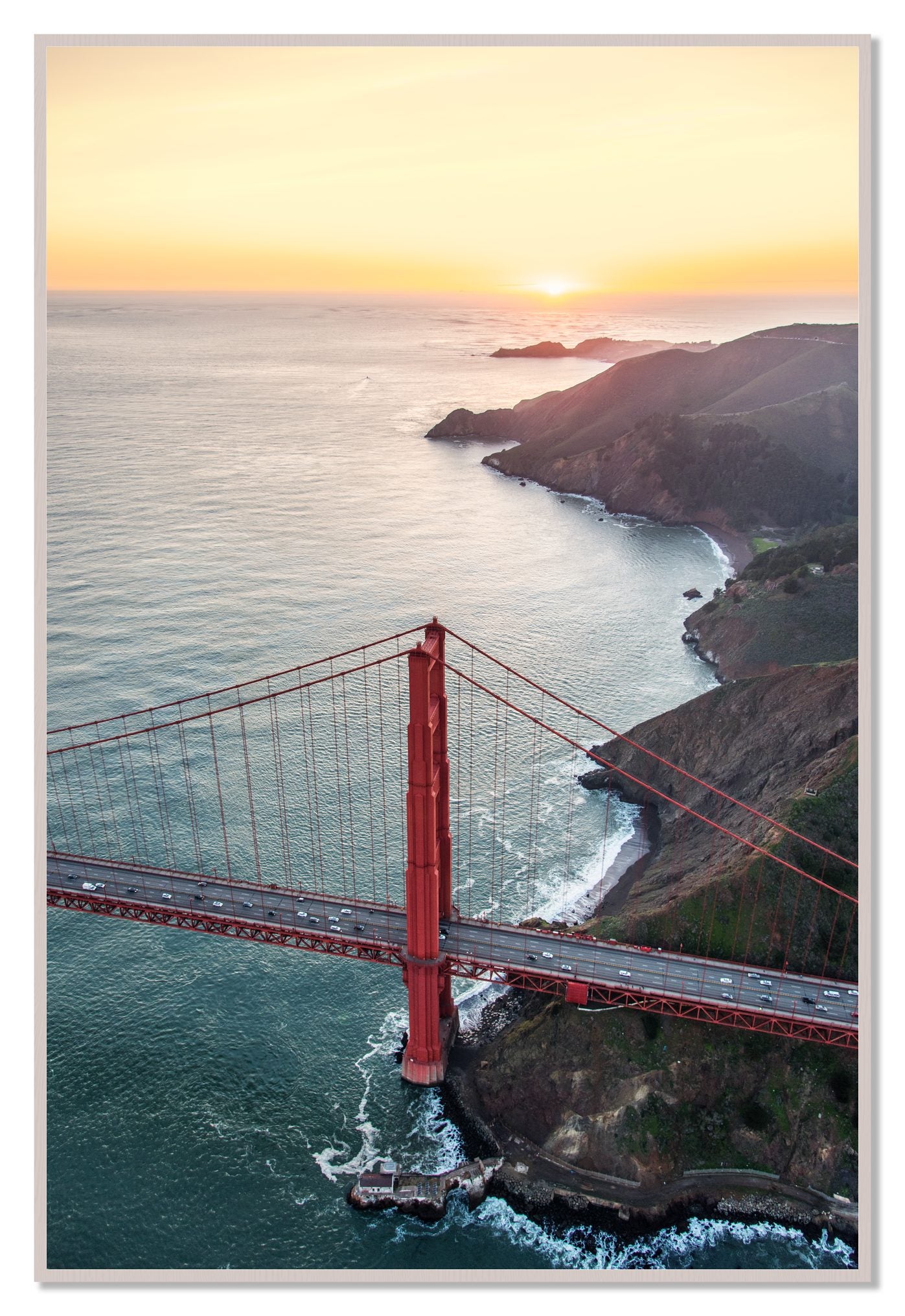 Golden Gate At Dusk by Dylan Ozanich, 48×72 Full Bleed Print in a White Maple frame