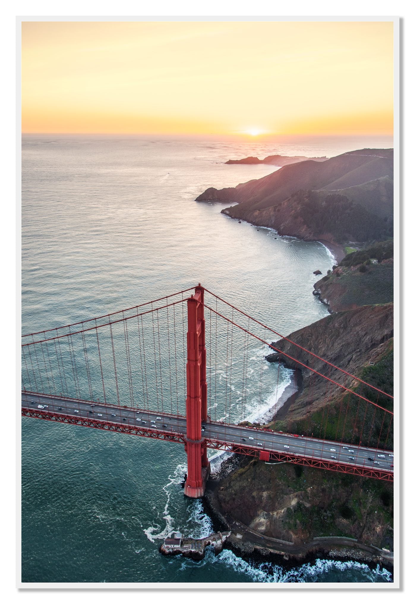 Golden Gate At Dusk by Dylan Ozanich, 48×72 Full Bleed Print in a White frame