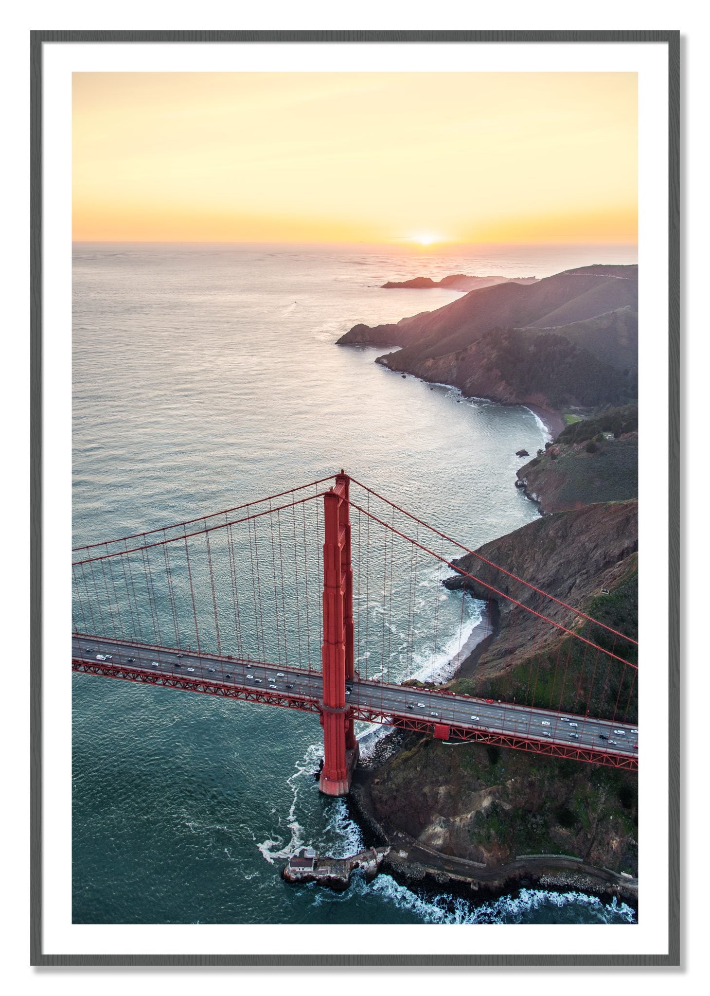 Framed photograph of Golden Gate At Dusk by Dylan Ozanich, Grey frame, Borders