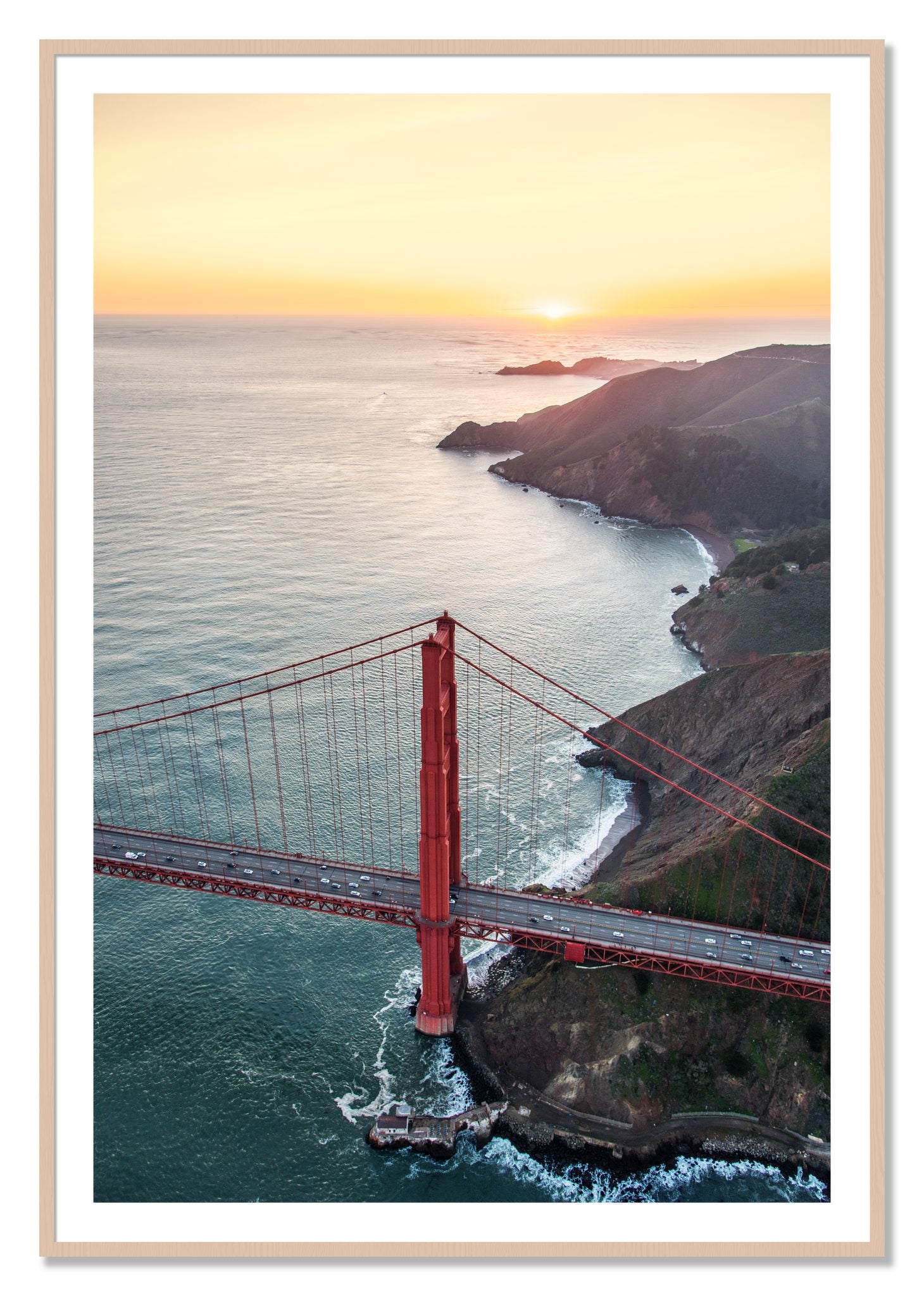 Framed photograph of Golden Gate At Dusk by Dylan Ozanich, Maple frame, Borders