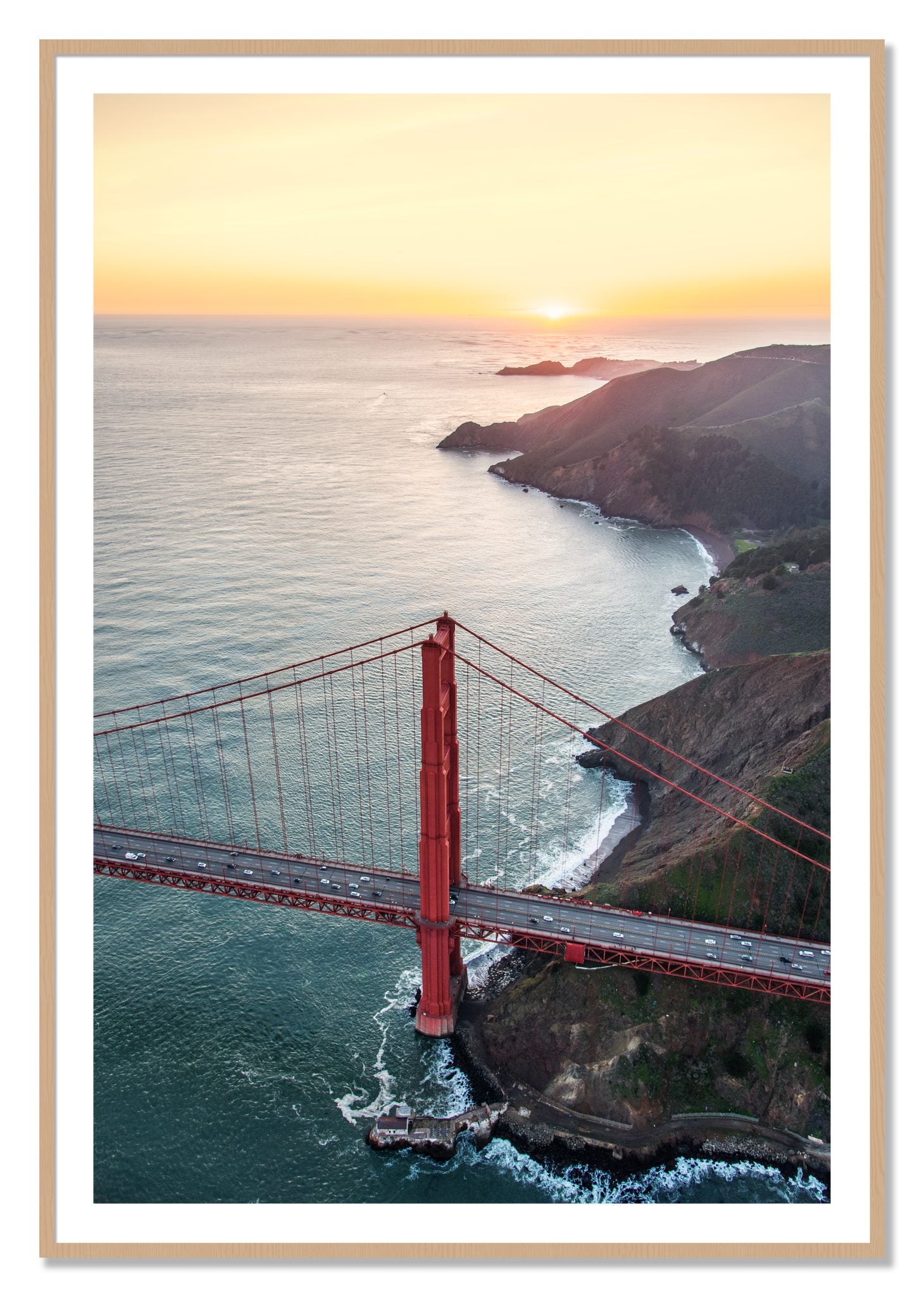 Framed photograph of Golden Gate At Dusk by Dylan Ozanich, Oak frame, Borders