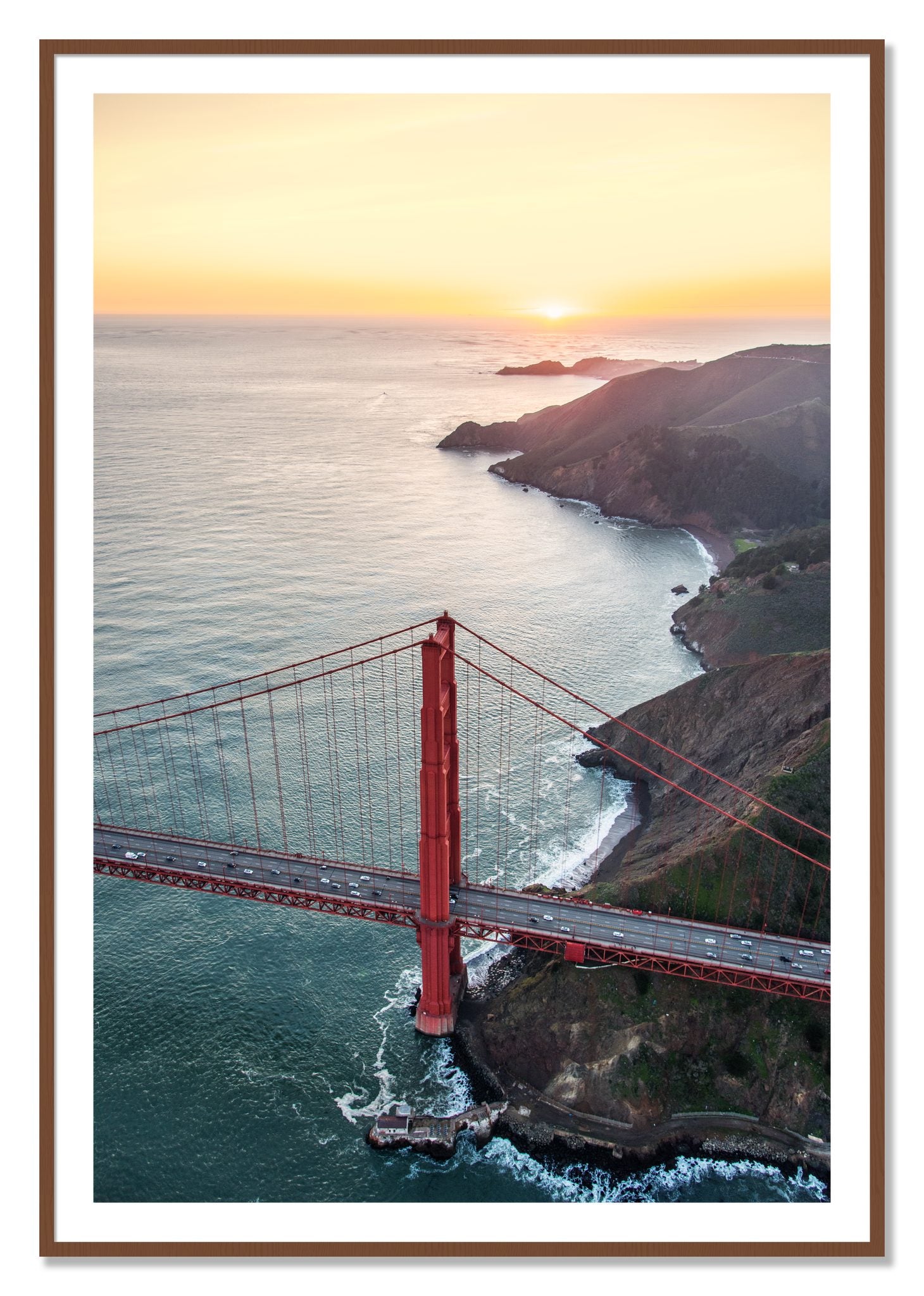 Framed photograph of Golden Gate At Dusk by Dylan Ozanich, Walnut frame, Borders