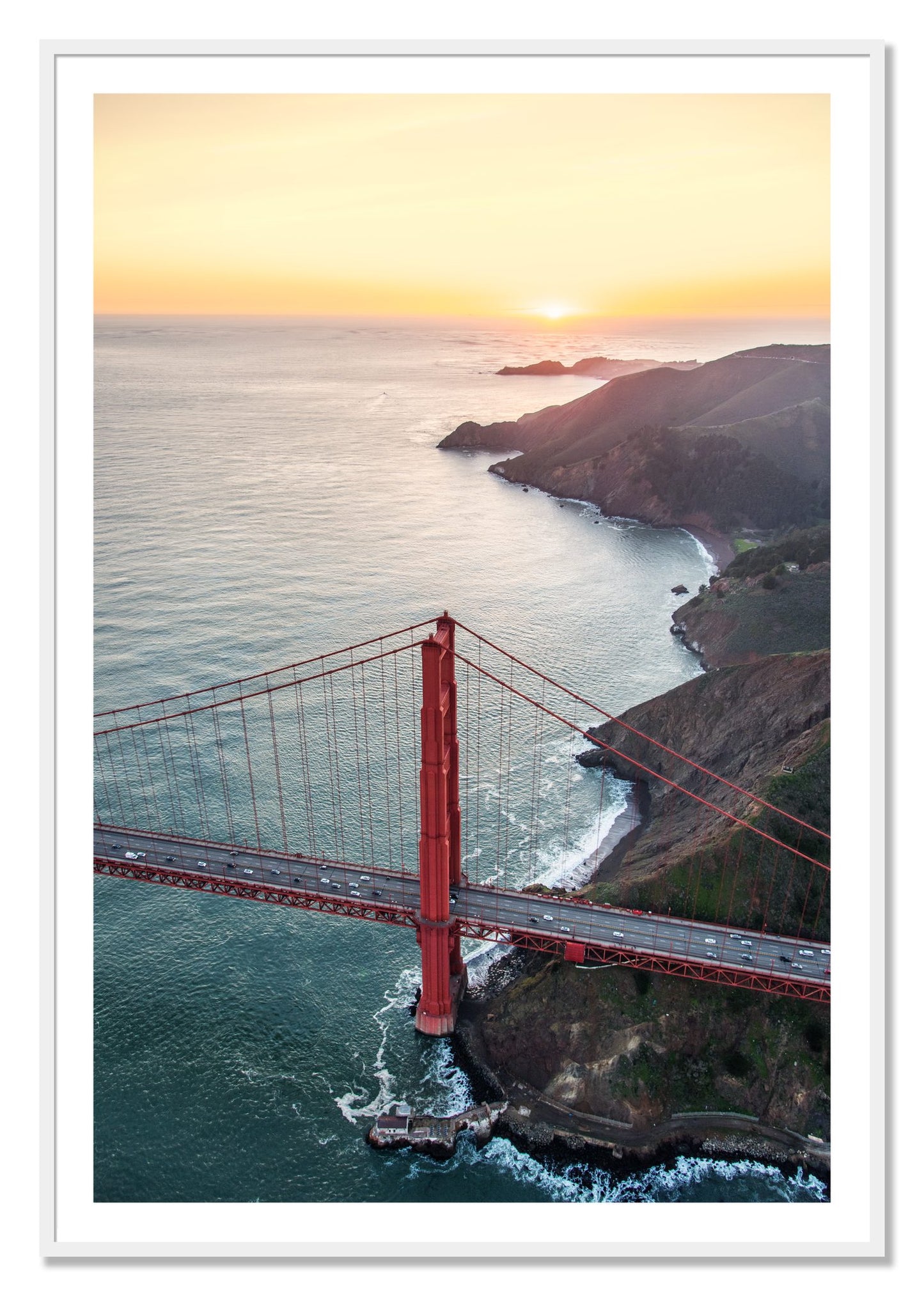 Framed photograph of Golden Gate At Dusk by Dylan Ozanich, White frame, Borders